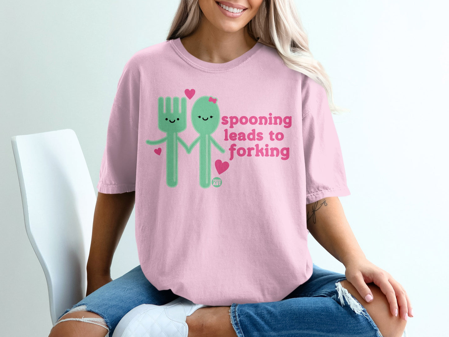 Spooning leads to forking Pink cute fork spoon design hearts t-shirt