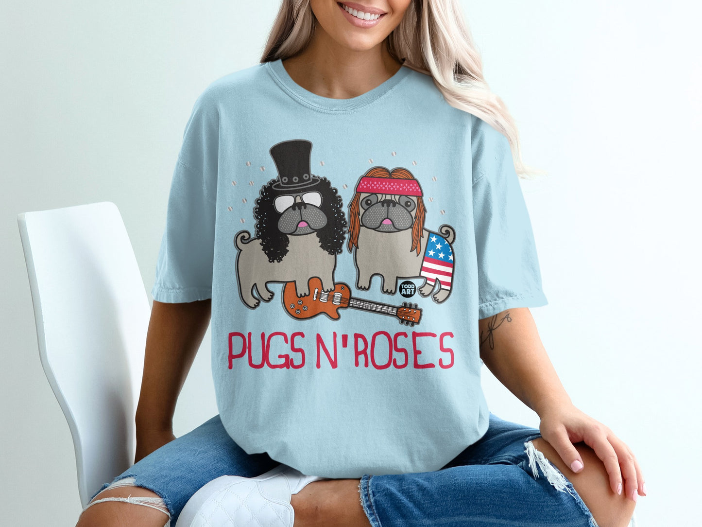 Cute Pugs N' Roses Graphic Tee Fun Novelty Shirt