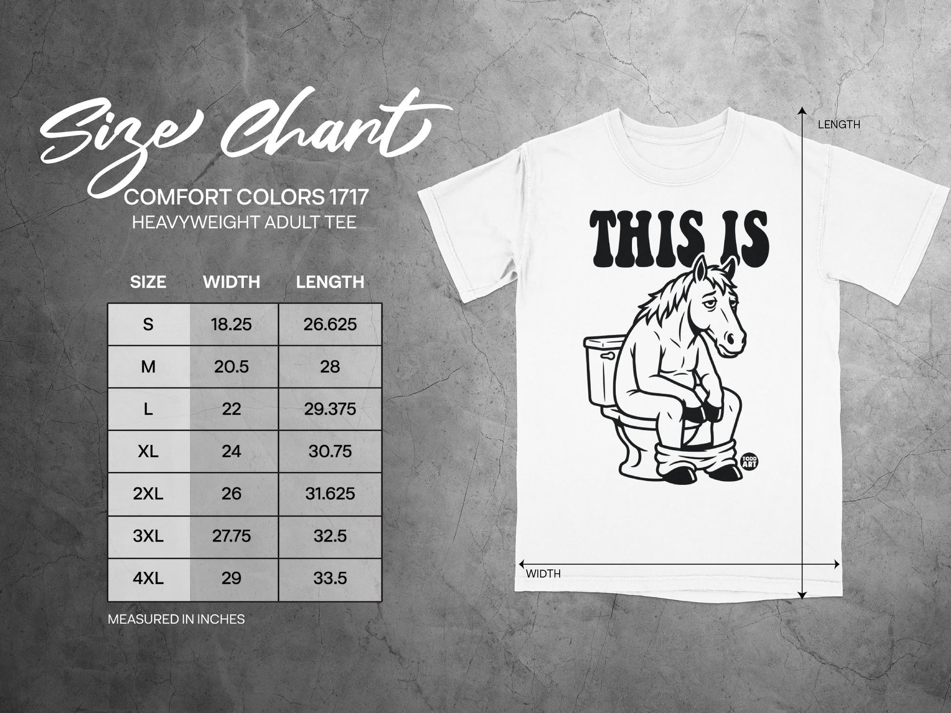 Comfort Colors 1717 heavyweight t-shirt size chart with cartoon horse on toilet.