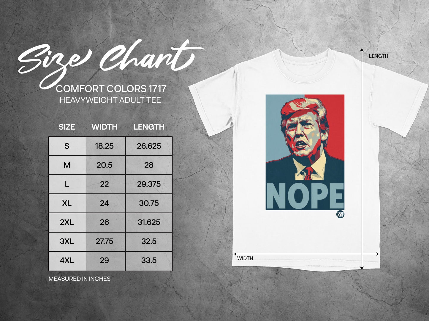 Size chart for heavyweight adult tee, featuring Trump graphic.