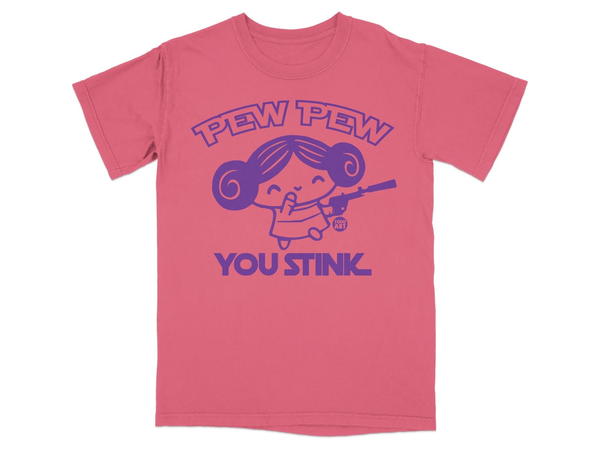 Pink t-shirt with "PEW PEW YOU STINK" and cartoon character holding a gun.