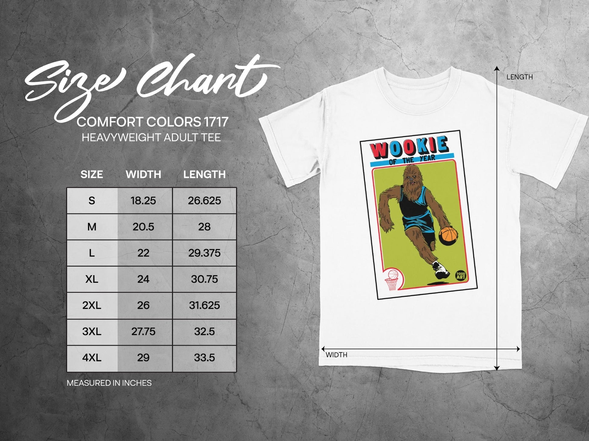 Size chart for Comfort Colors 1717 heavyweight adult tee with Wookiee illustration.