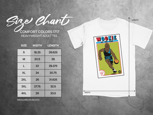 Size chart for Comfort Colors 1717 heavyweight adult tee with Wookiee illustration.