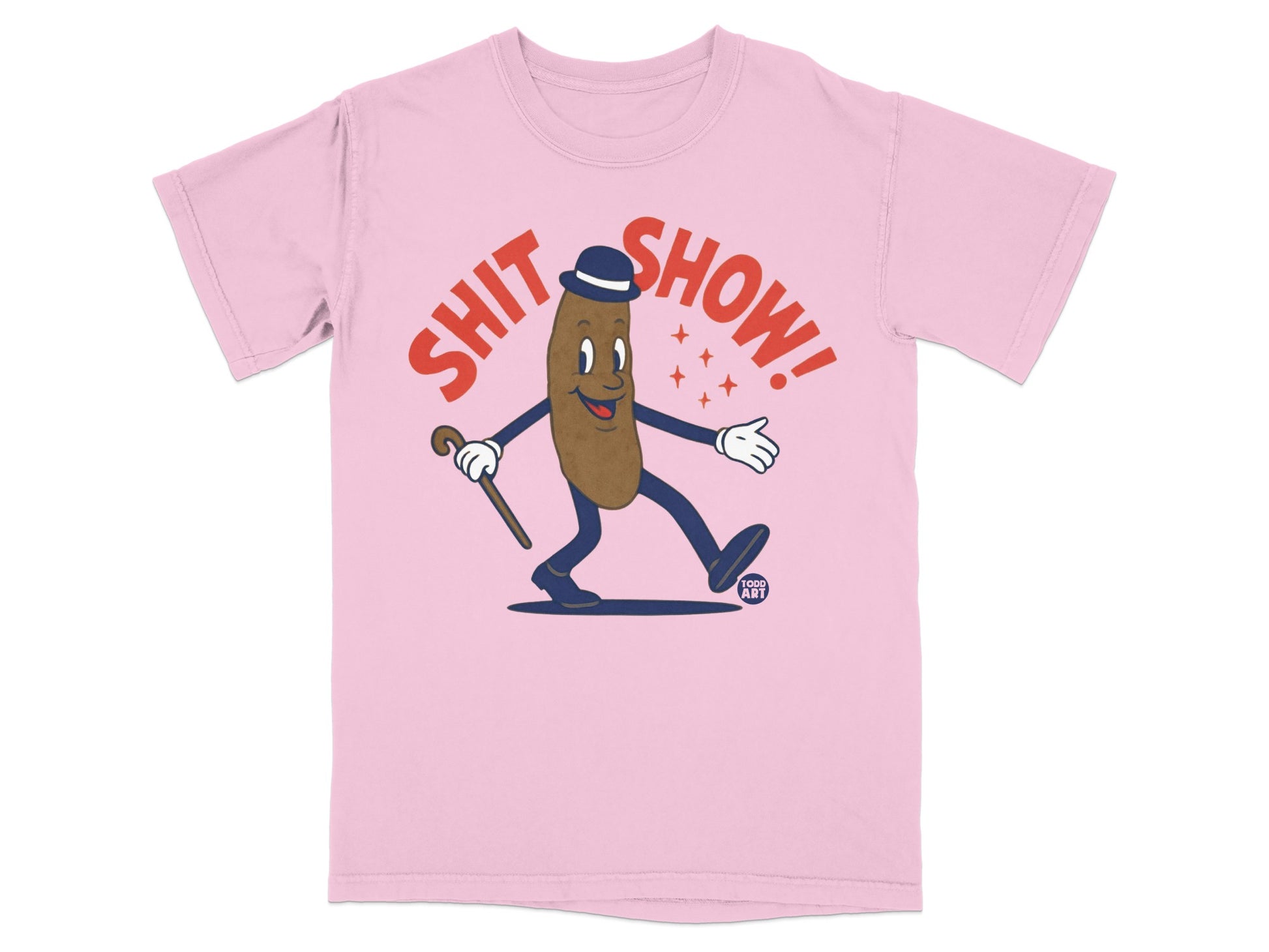 Cartoon poop character in pink t-shirt saying "Shit Show!"