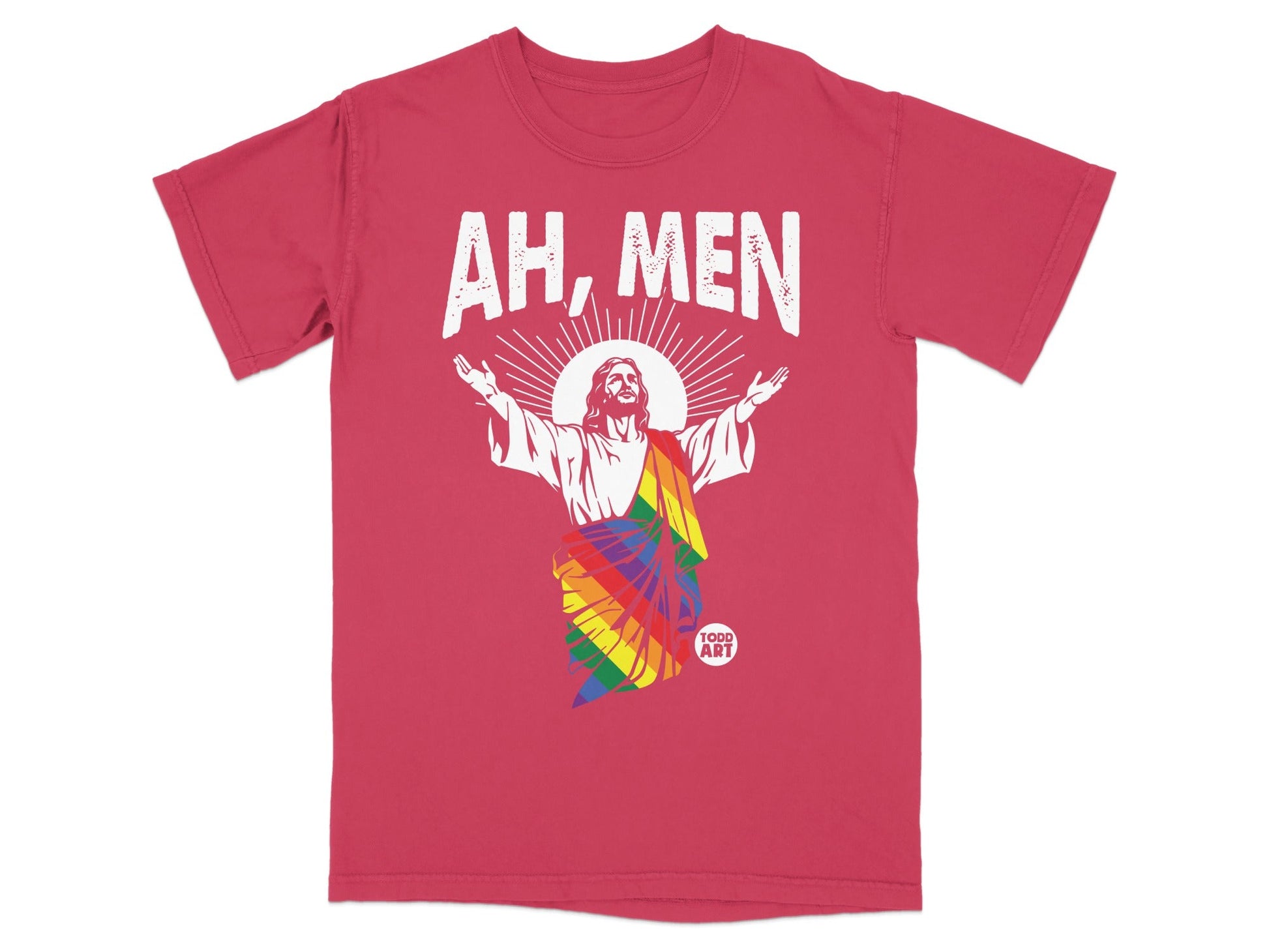 Red t-shirt with "AH, MEN" text and Jesus wearing a rainbow flag.