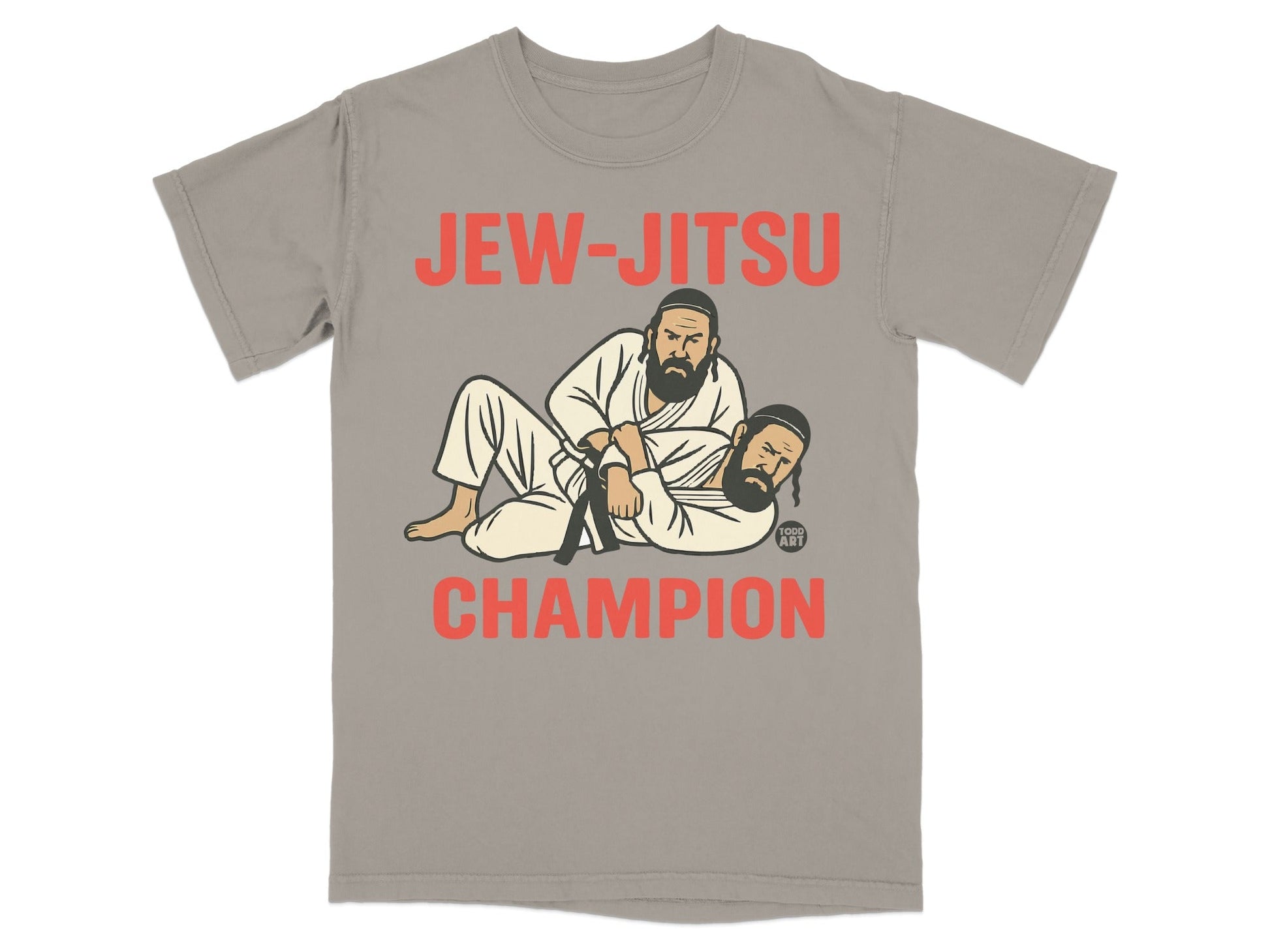 Grey t-shirt with "Jew-Jitsu Champion" text and cartoon illustration of two men wrestling.