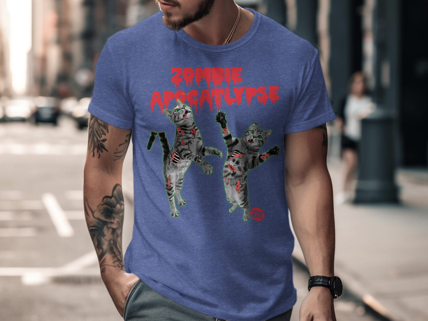 Zombie Apocalypse Cats Design on Blue Shirt