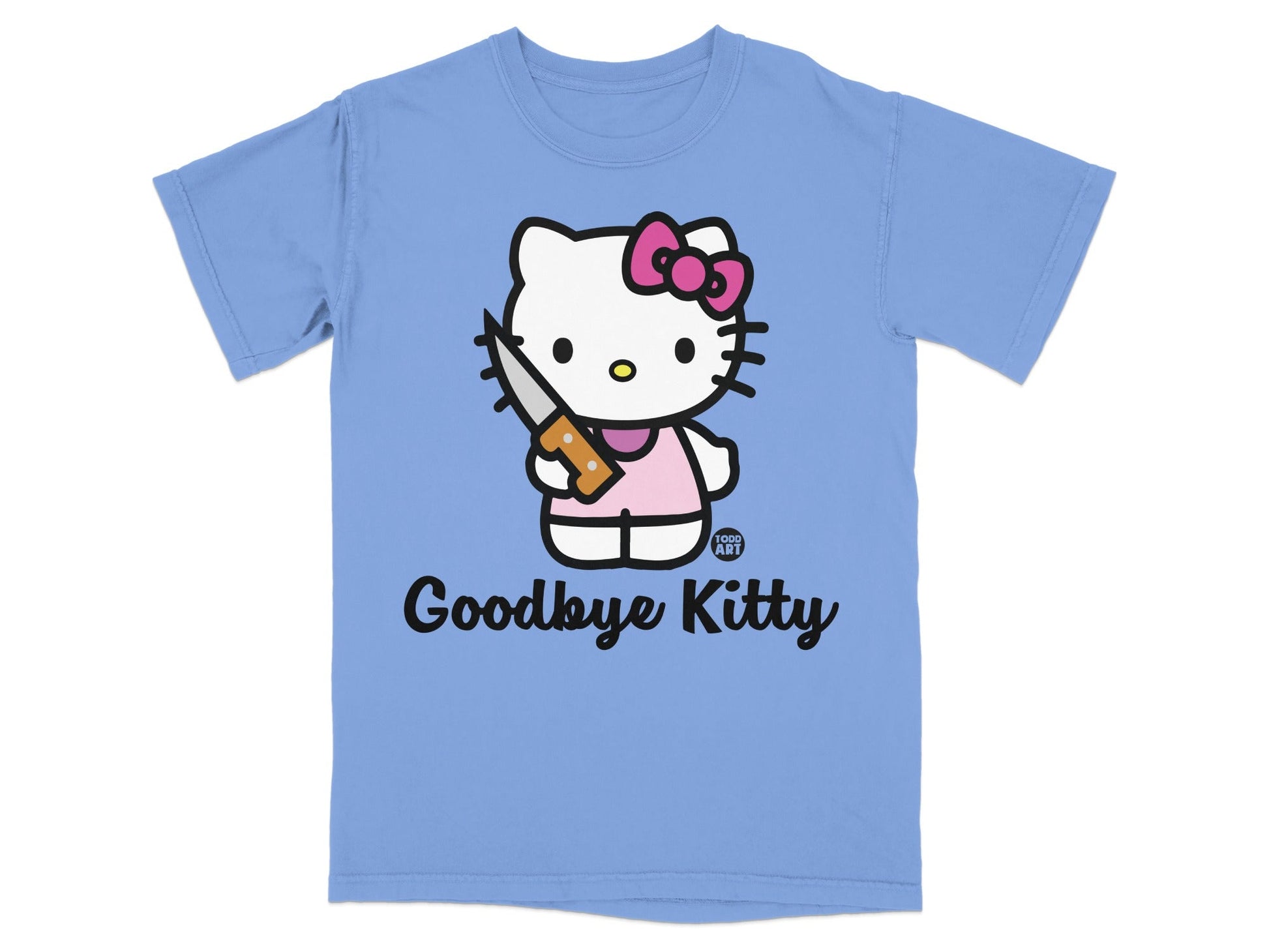 Light blue t-shirt with Hello Kitty holding a knife, text reads "Goodbye Kitty".