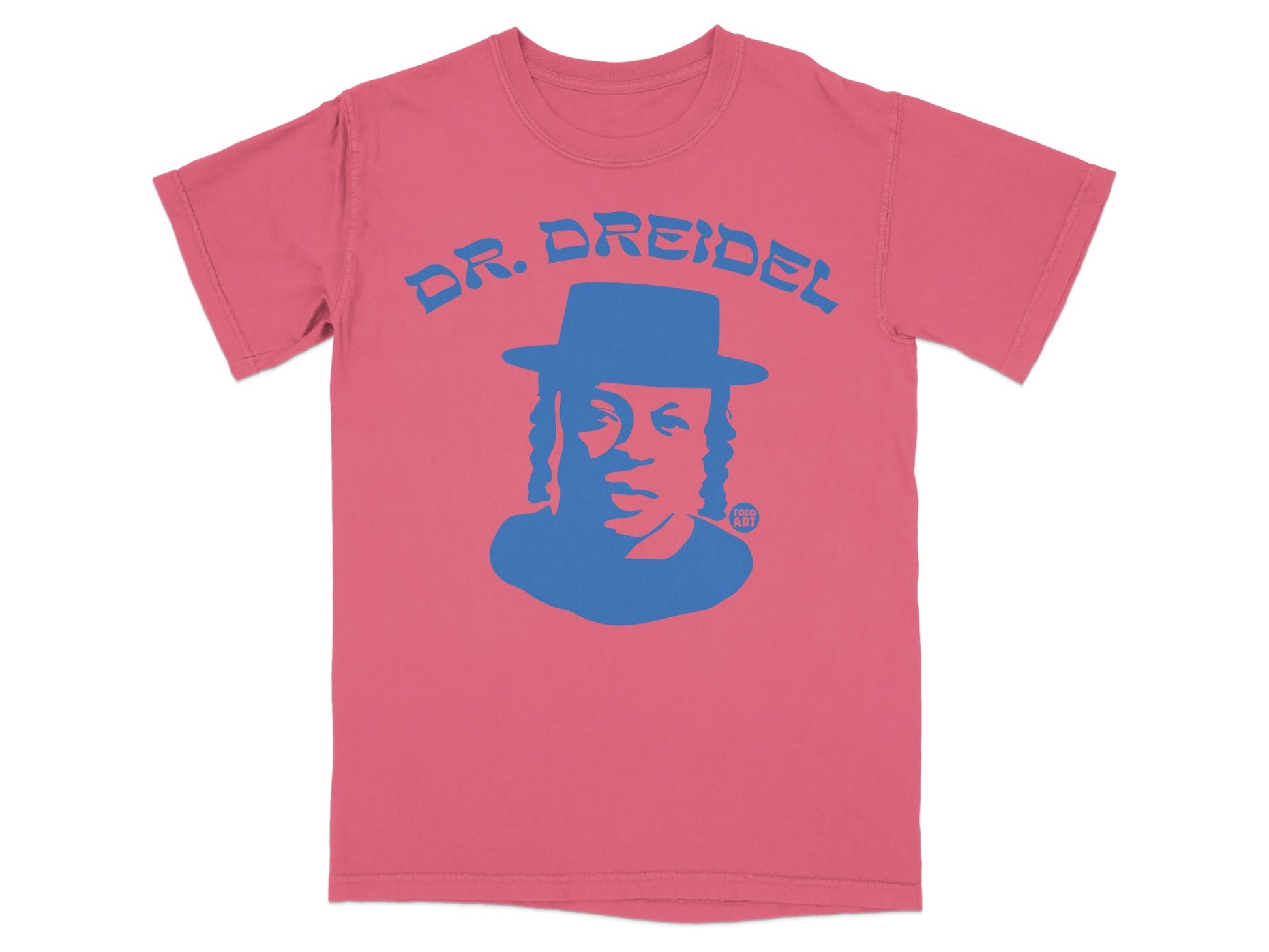Pink t-shirt with blue graphic of a person wearing a hat and text "DR. DREIDEL".