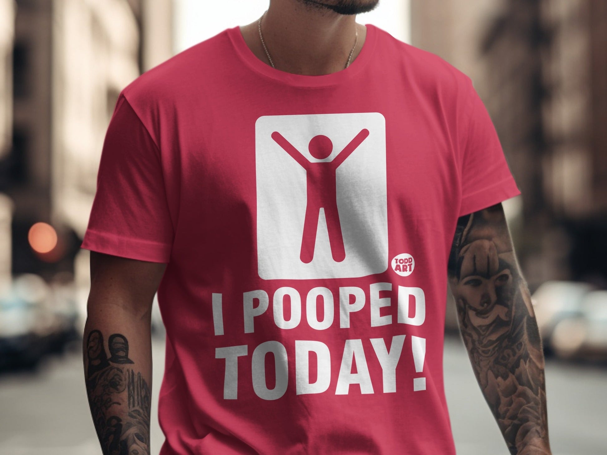 Red t-shirt with white graphic and text "I POOPED TODAY!".