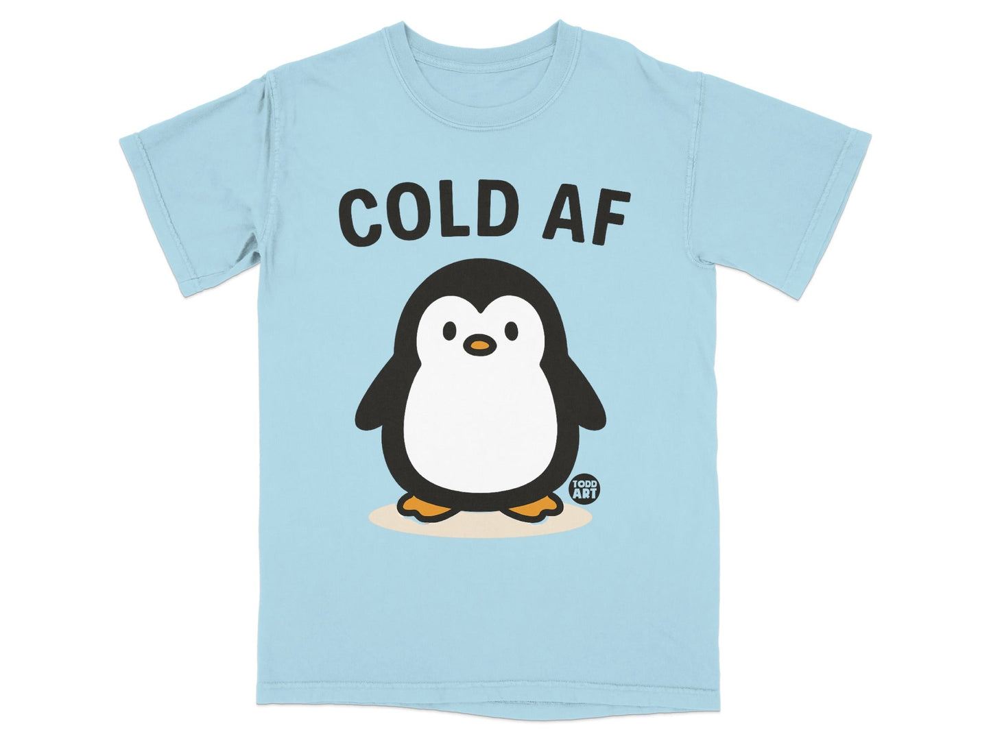 Light blue t-shirt with "COLD AF" text and a cartoon penguin.