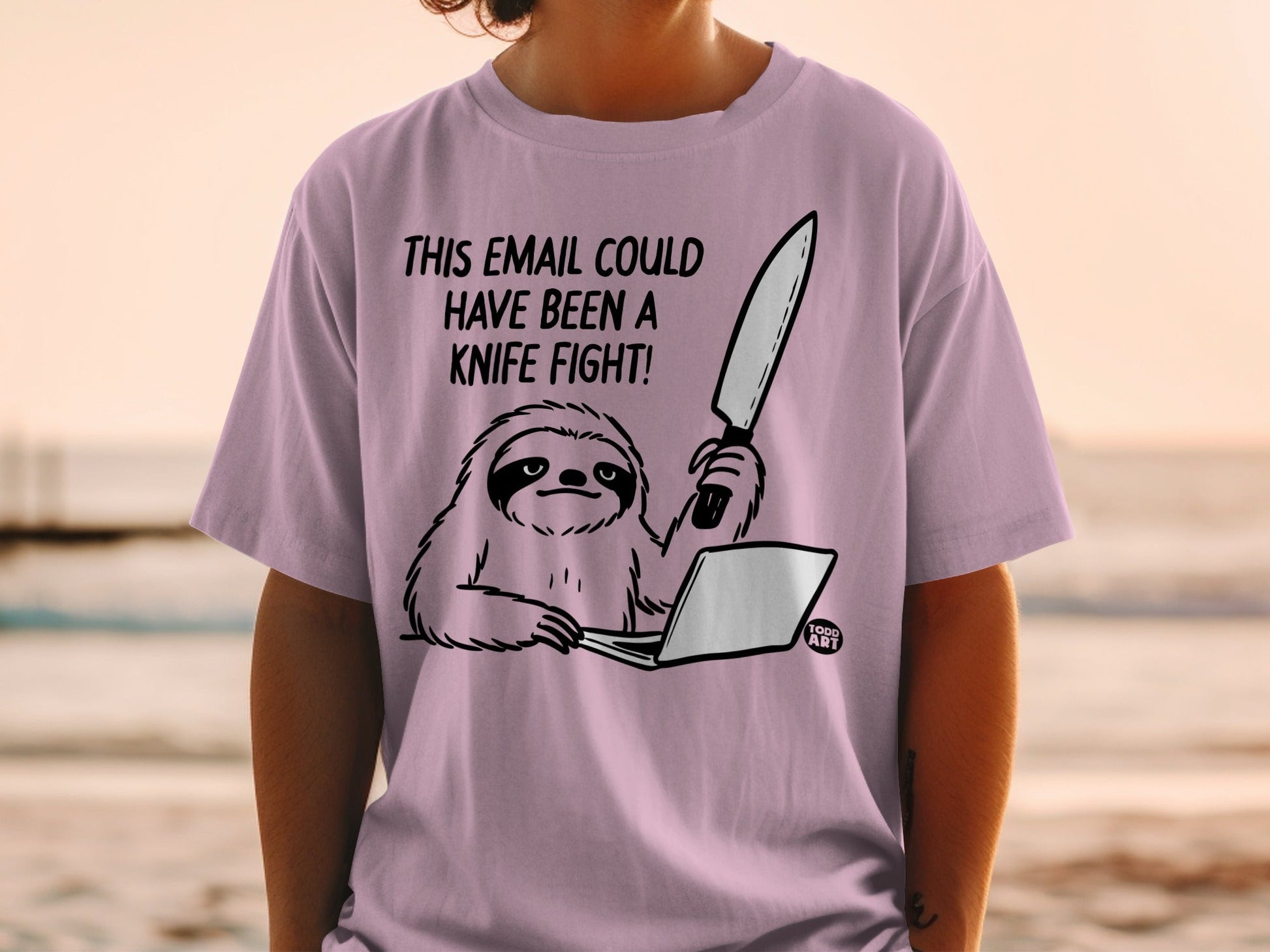 Sloth at laptop with knife, text reads "This email could have been a knife fight."