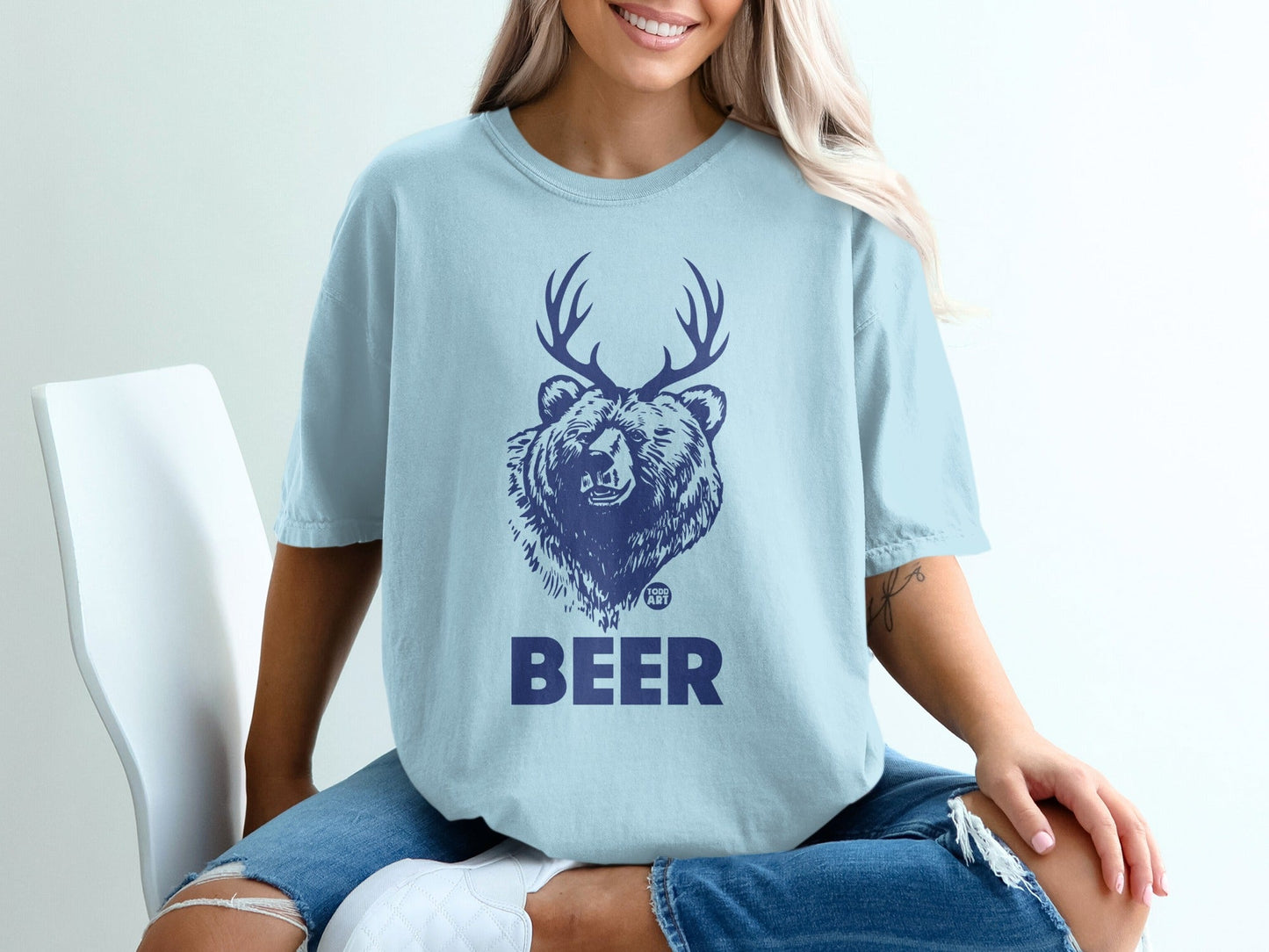 Blue Shirt with Bear Stag Print and Beer Text Design