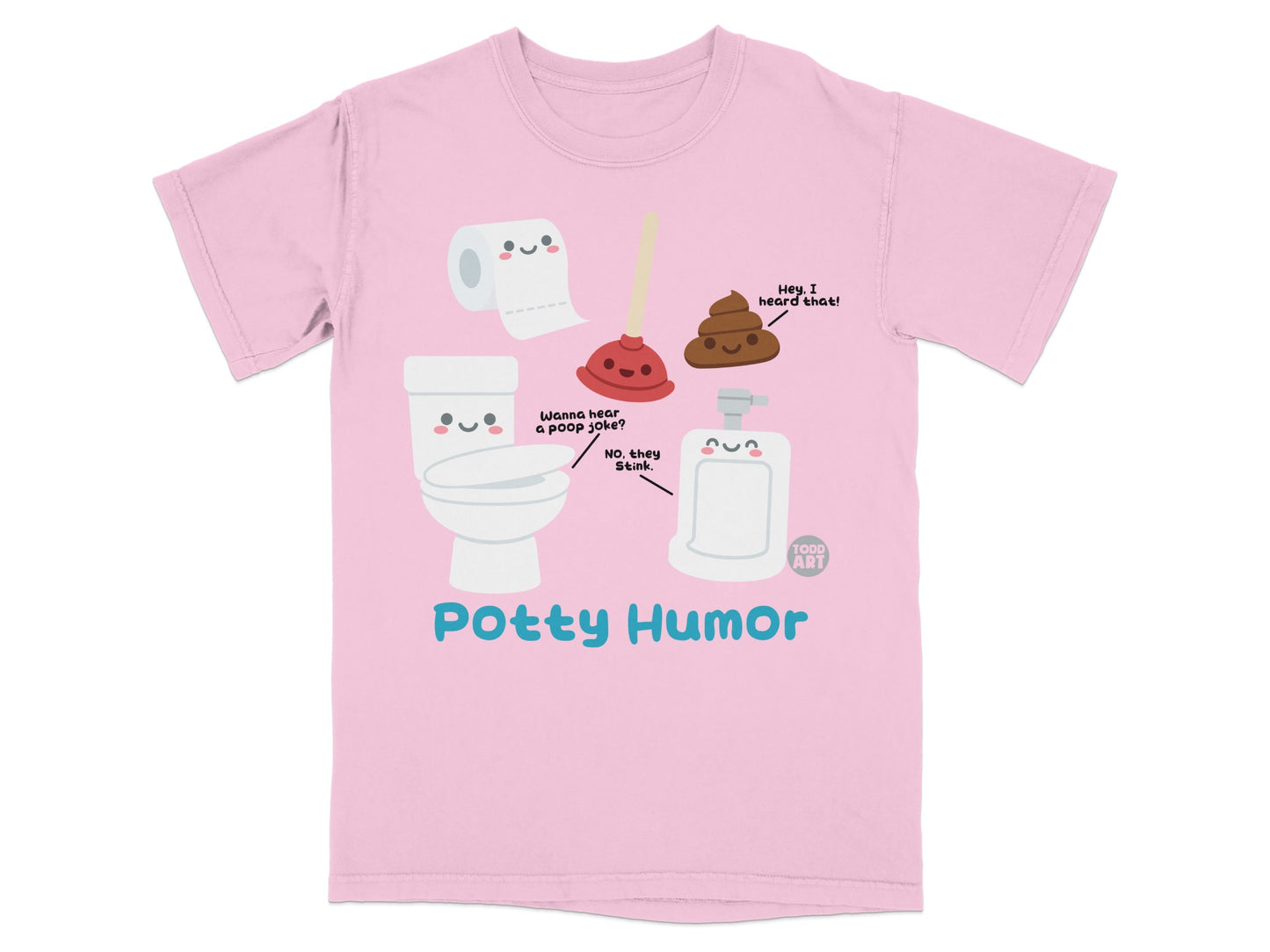 Pink t-shirt with cartoon toilet, plunger, and poop with "Potty Humor" text.