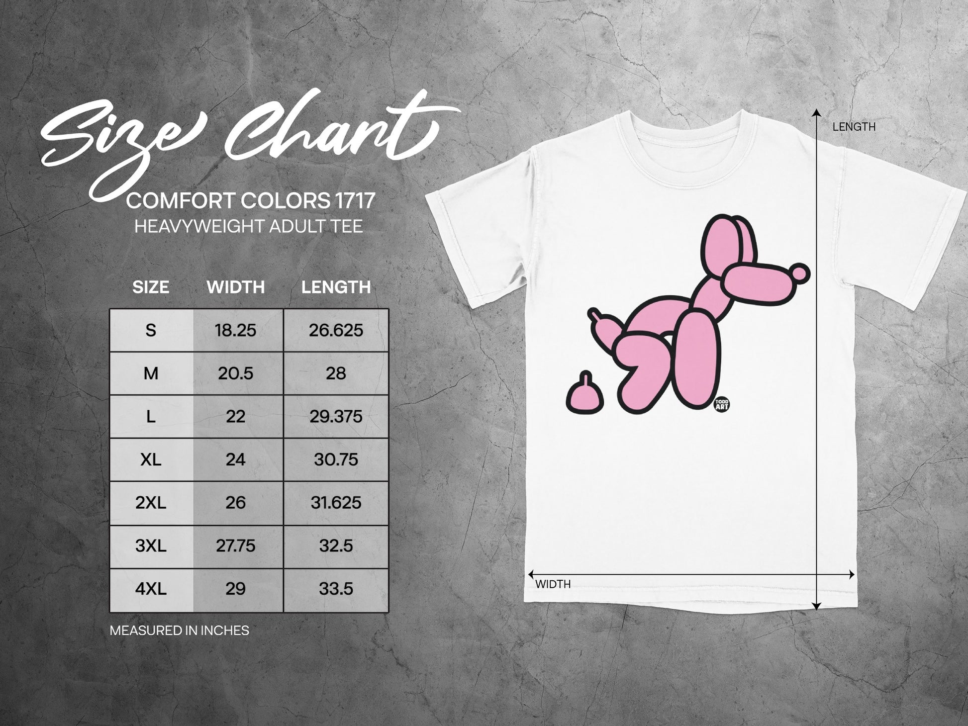 Size chart for Comfort Colors 1717 heavyweight adult tee with balloon dog graphic.