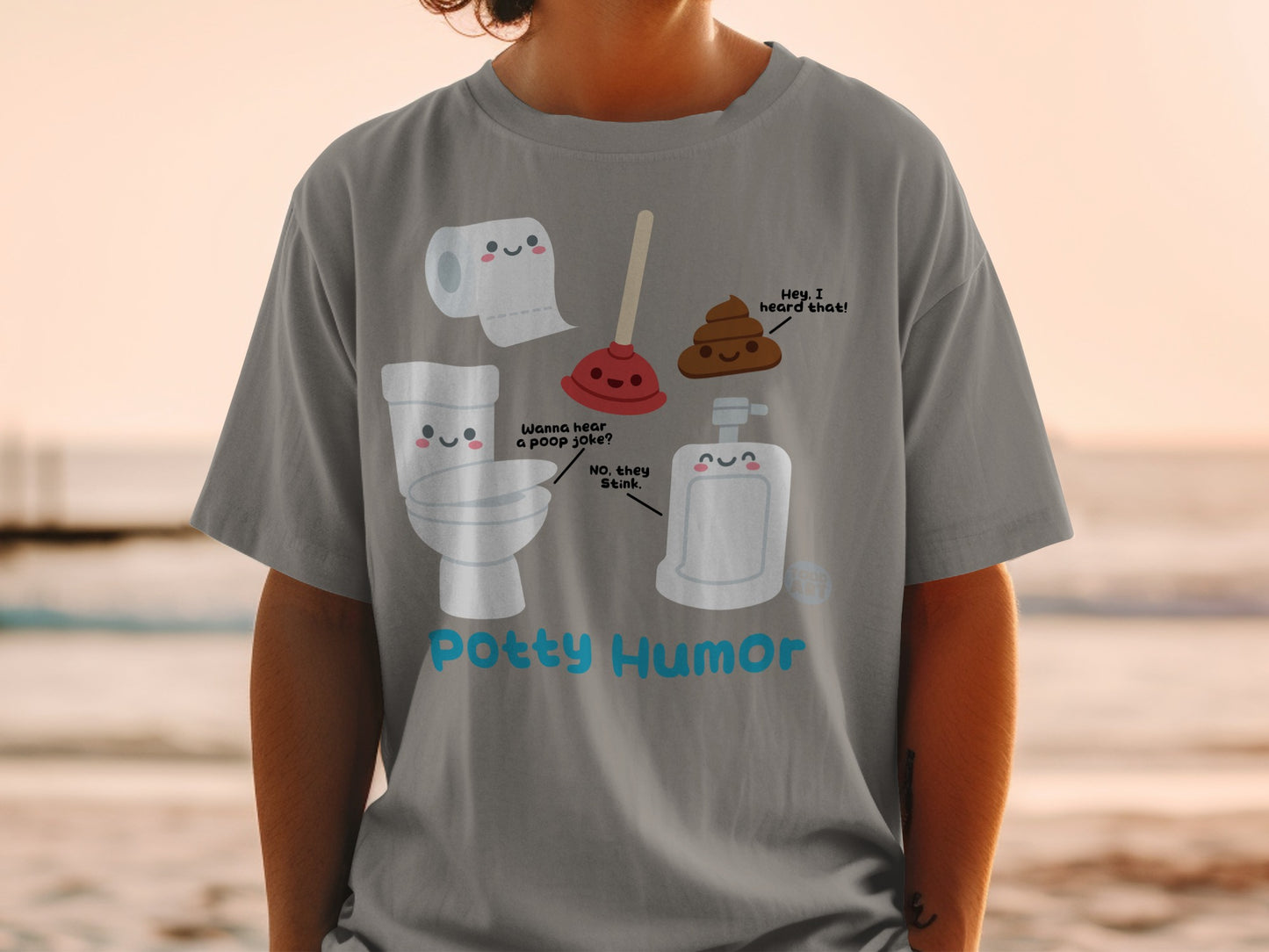 T-shirt with toilet, toilet paper, plunger, and poop characters telling jokes.