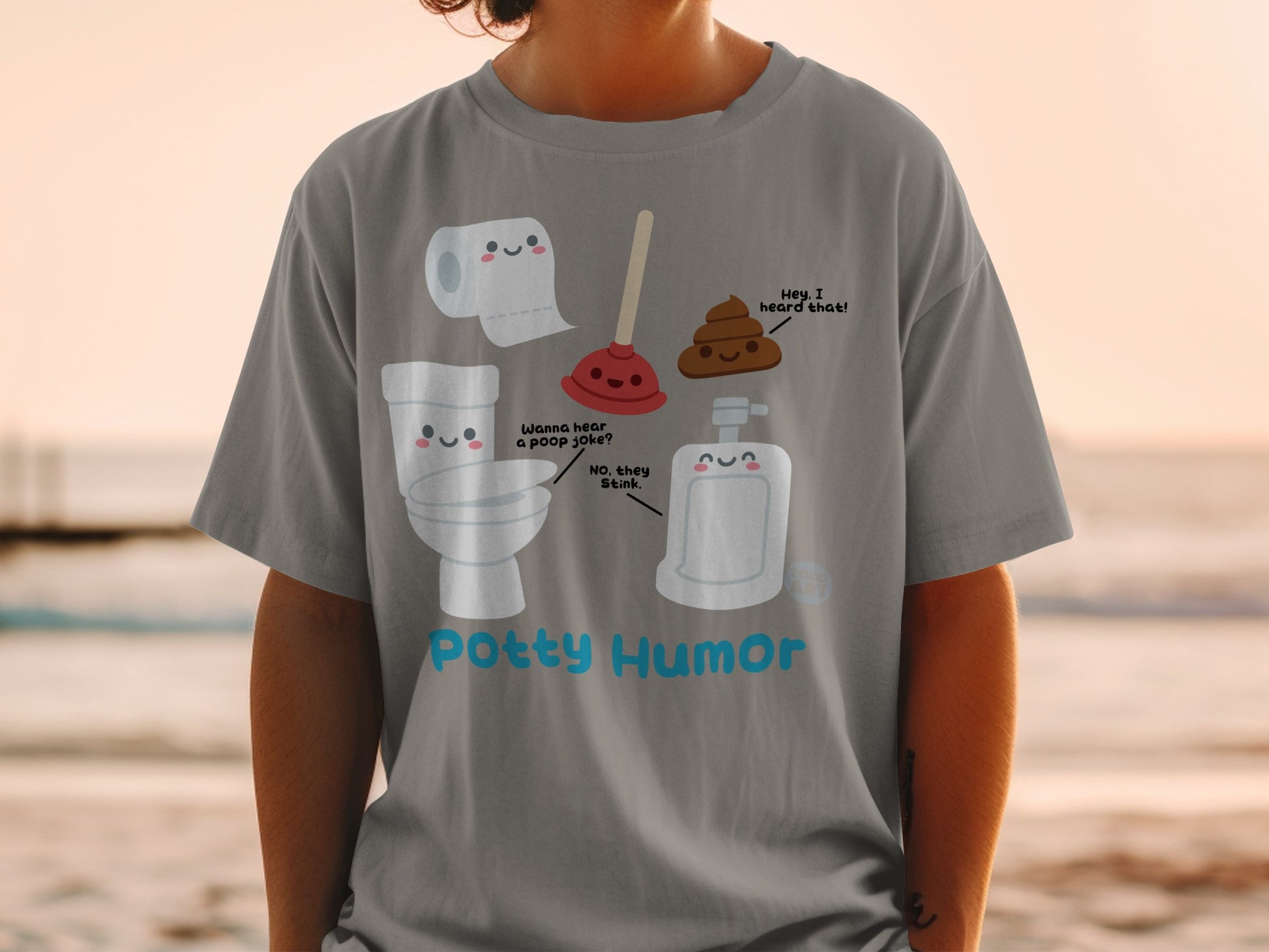 T-shirt with toilet, toilet paper, plunger, and poop characters telling jokes.
