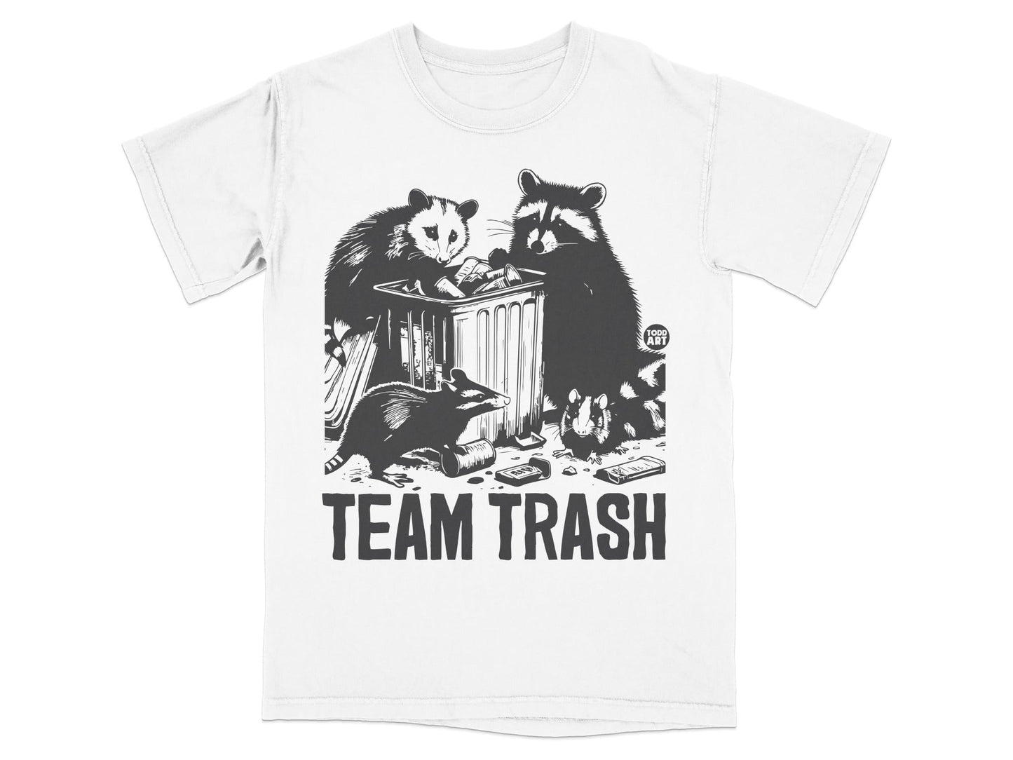 T-shirt with cartoon raccoons and opossum around trash can, "TEAM TRASH" text.