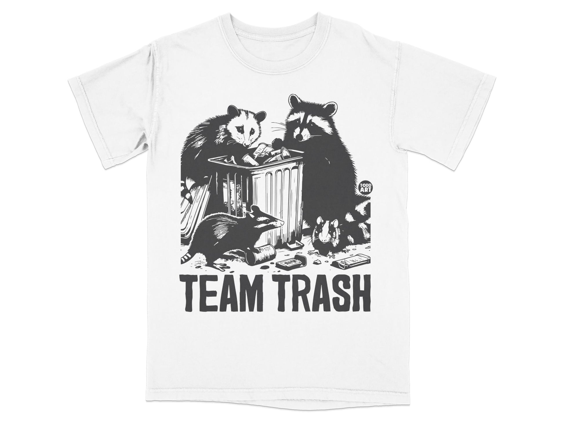 T-shirt with cartoon raccoons and opossum around trash can, "TEAM TRASH" text.