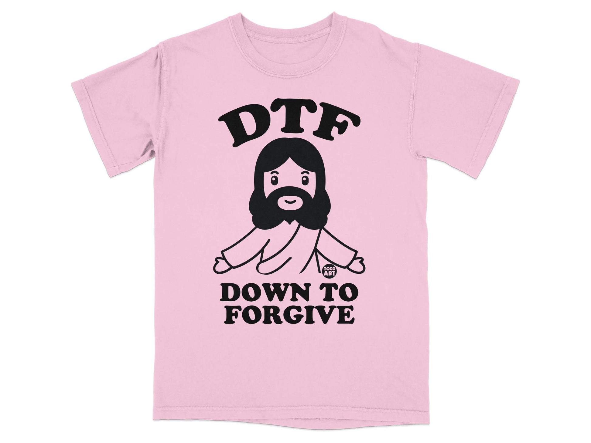 Pink t-shirt with "DTF DOWN TO FORGIVE" and cartoon Jesus graphic.