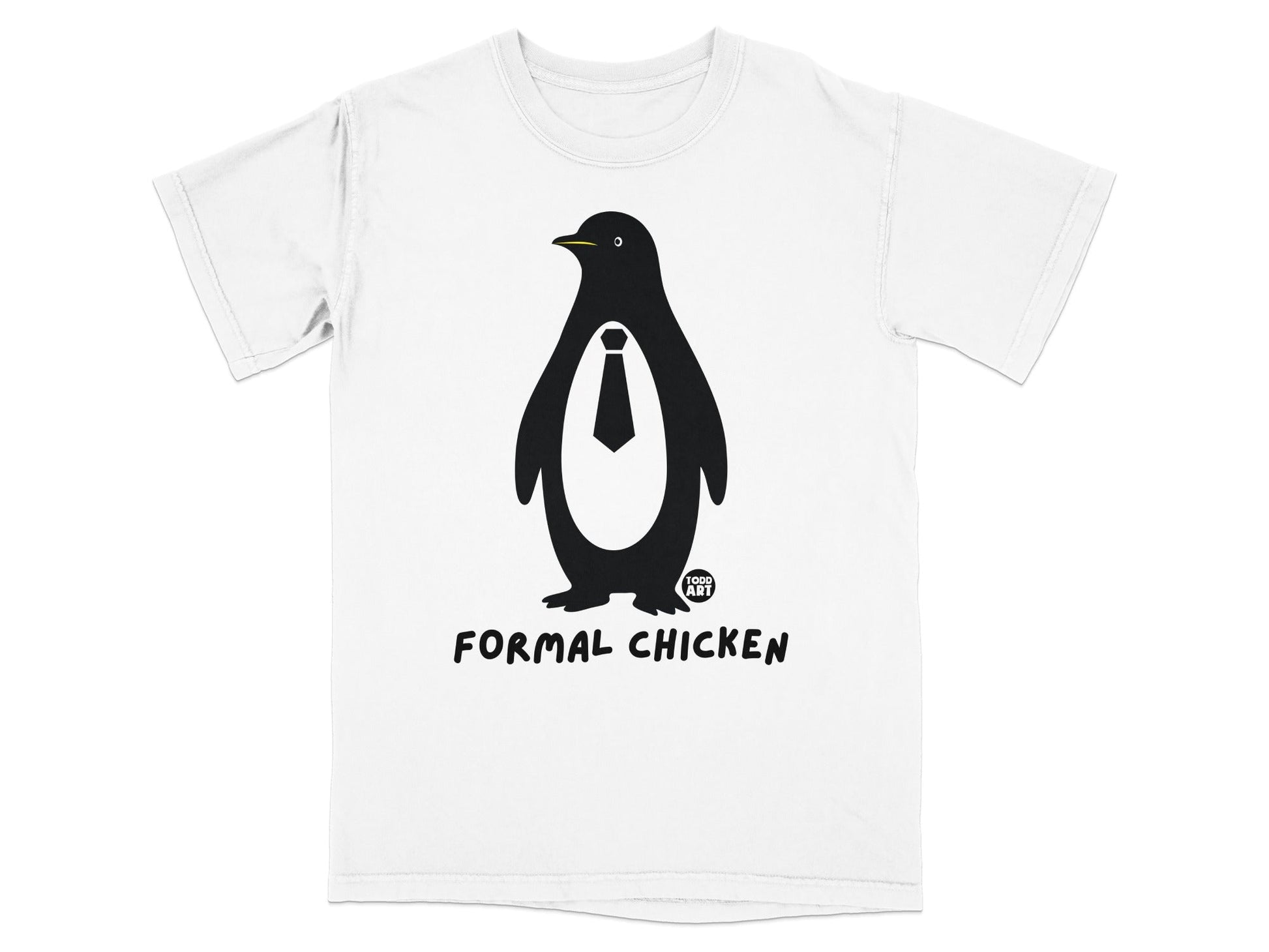 Black penguin wearing a tie, text "FORMAL CHICKEN" below.