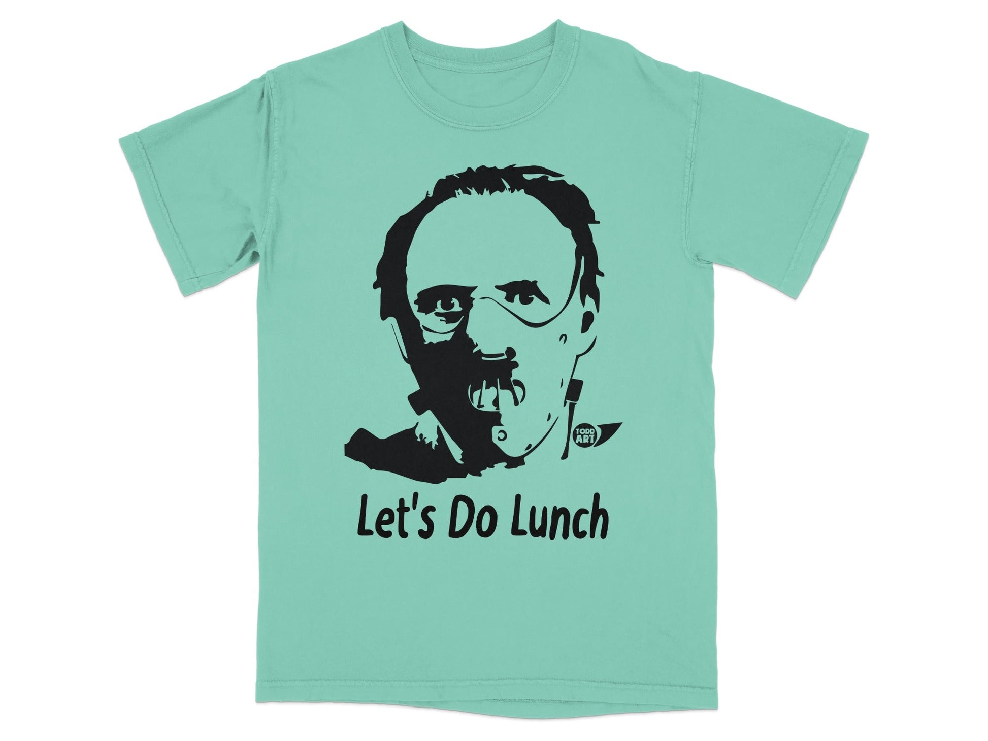 Teal t-shirt featuring a black graphic of Hannibal Lecter's mask and the text "Let's Do Lunch".