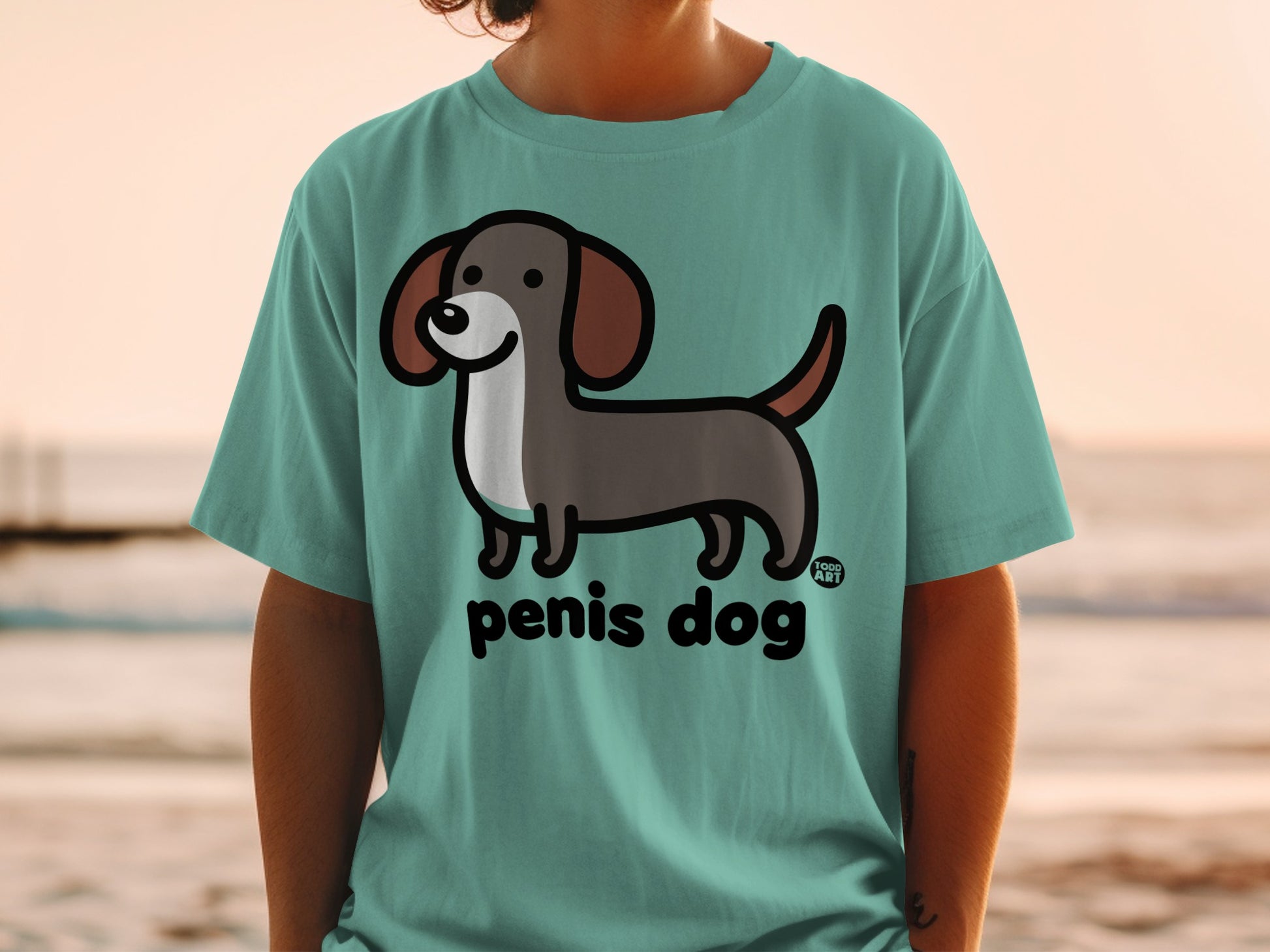 Funny Cartoon Penis Dog Design on Teal T-shirt