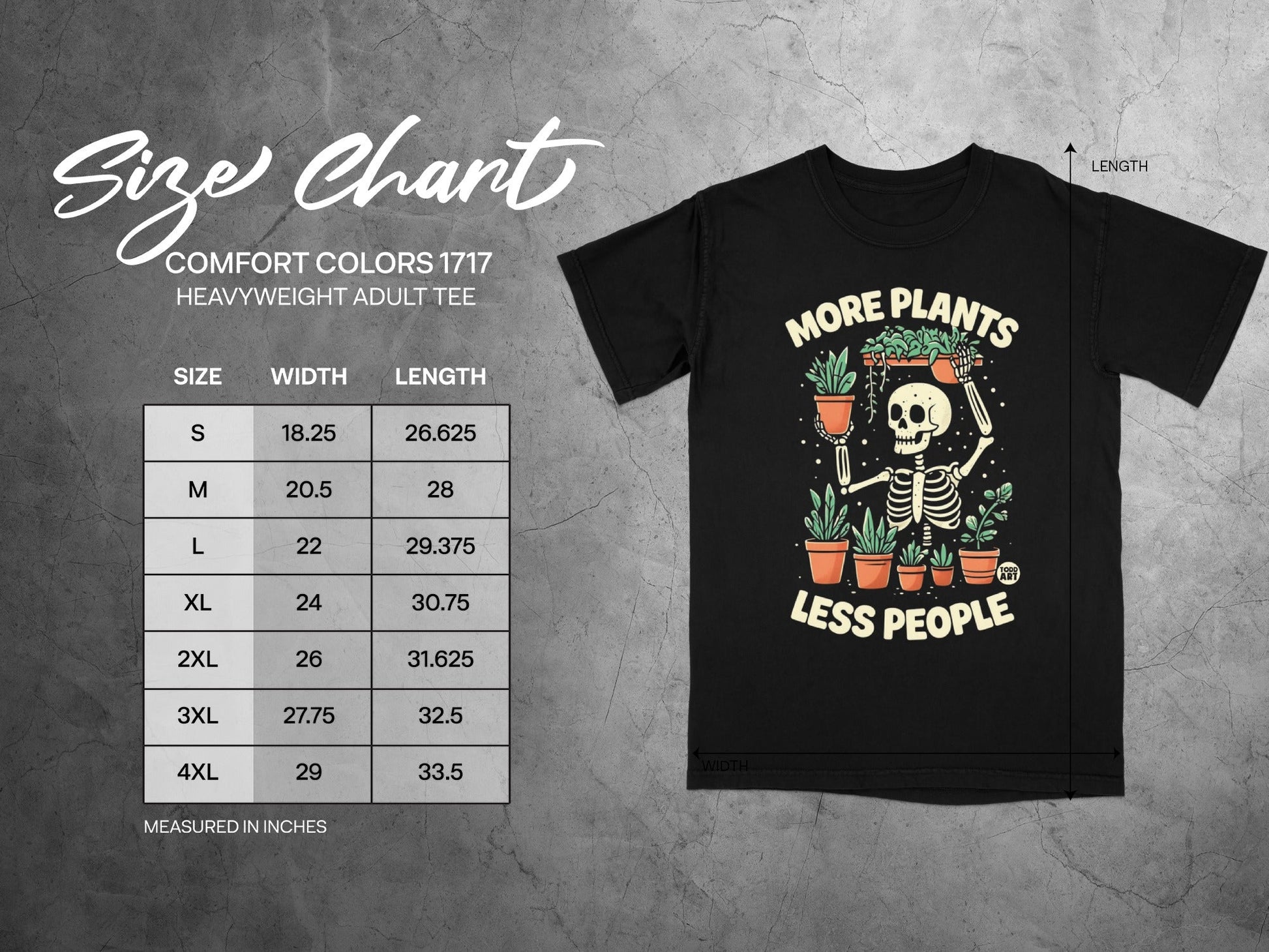 Comfort Colors size chart for adult heavyweight tees with graphic of skeleton holding plants.