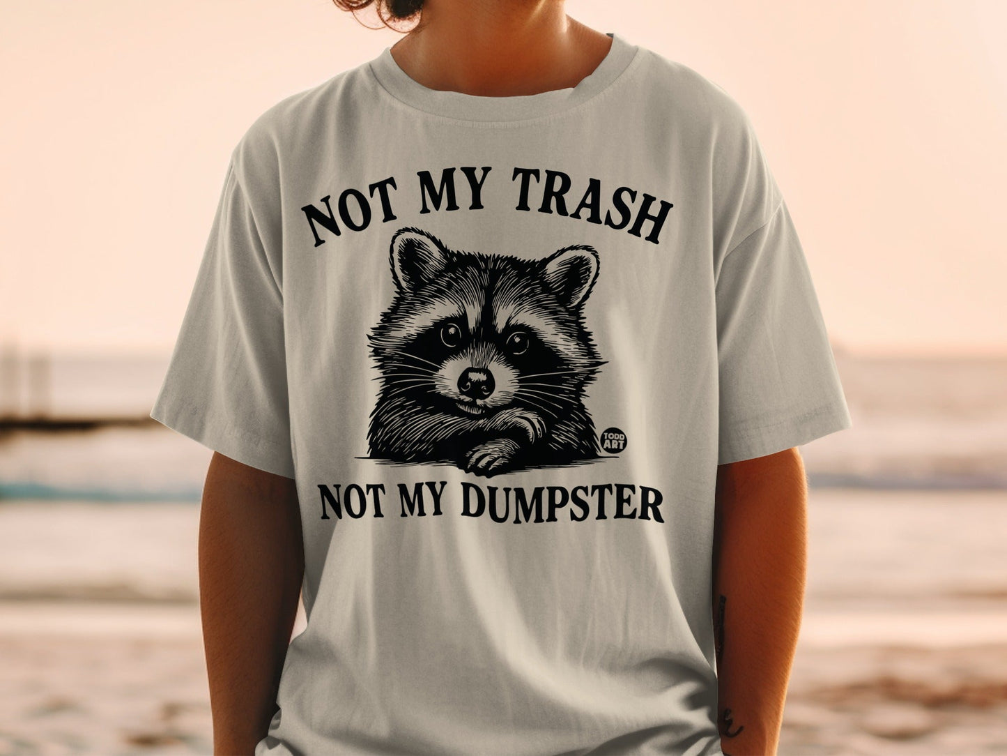 Gray t-shirt with "NOT MY TRASH NOT MY DUMPSTER" and raccoon graphic.