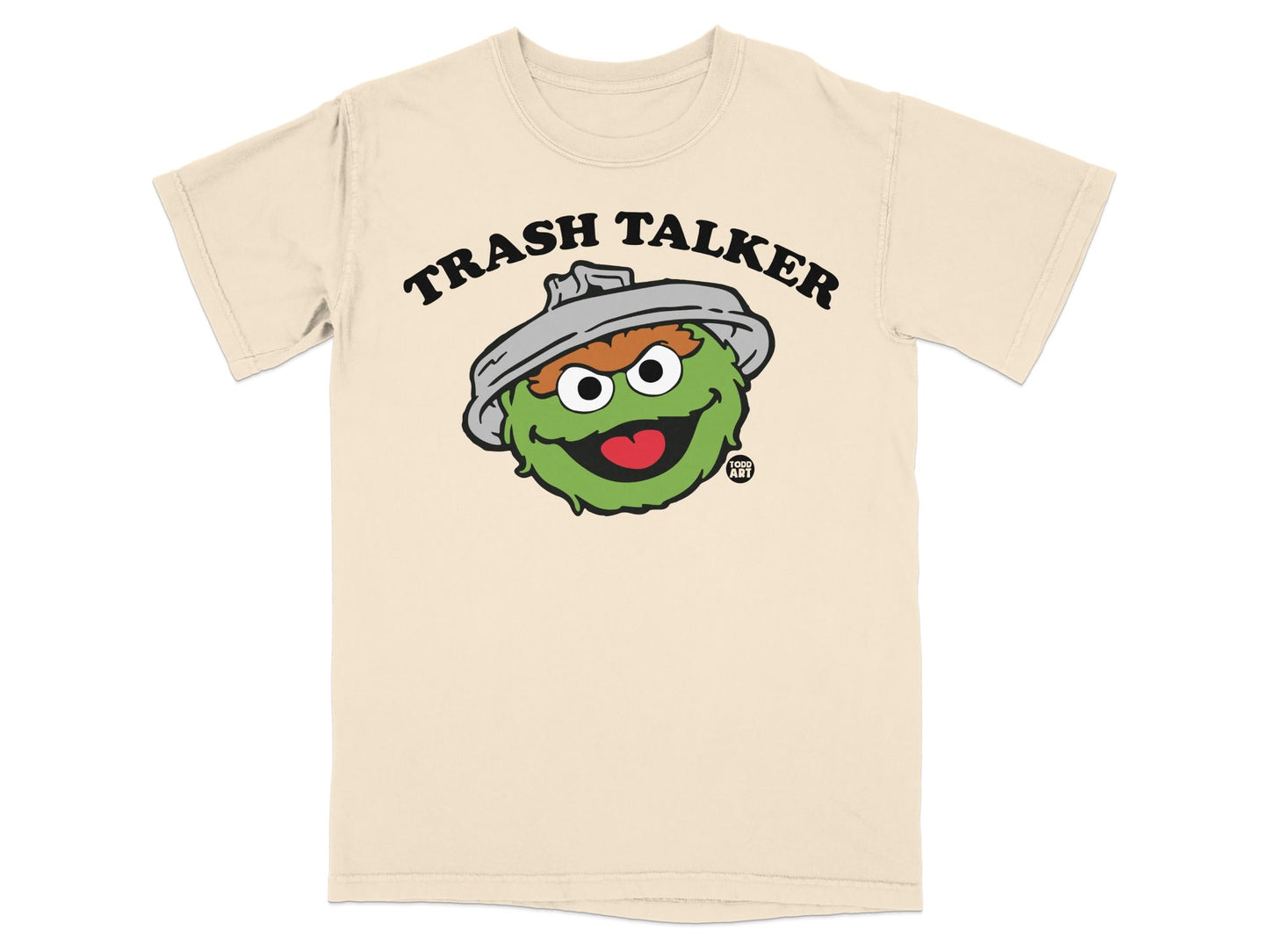Cream t-shirt with Oscar the Grouch saying "Trash Talker"