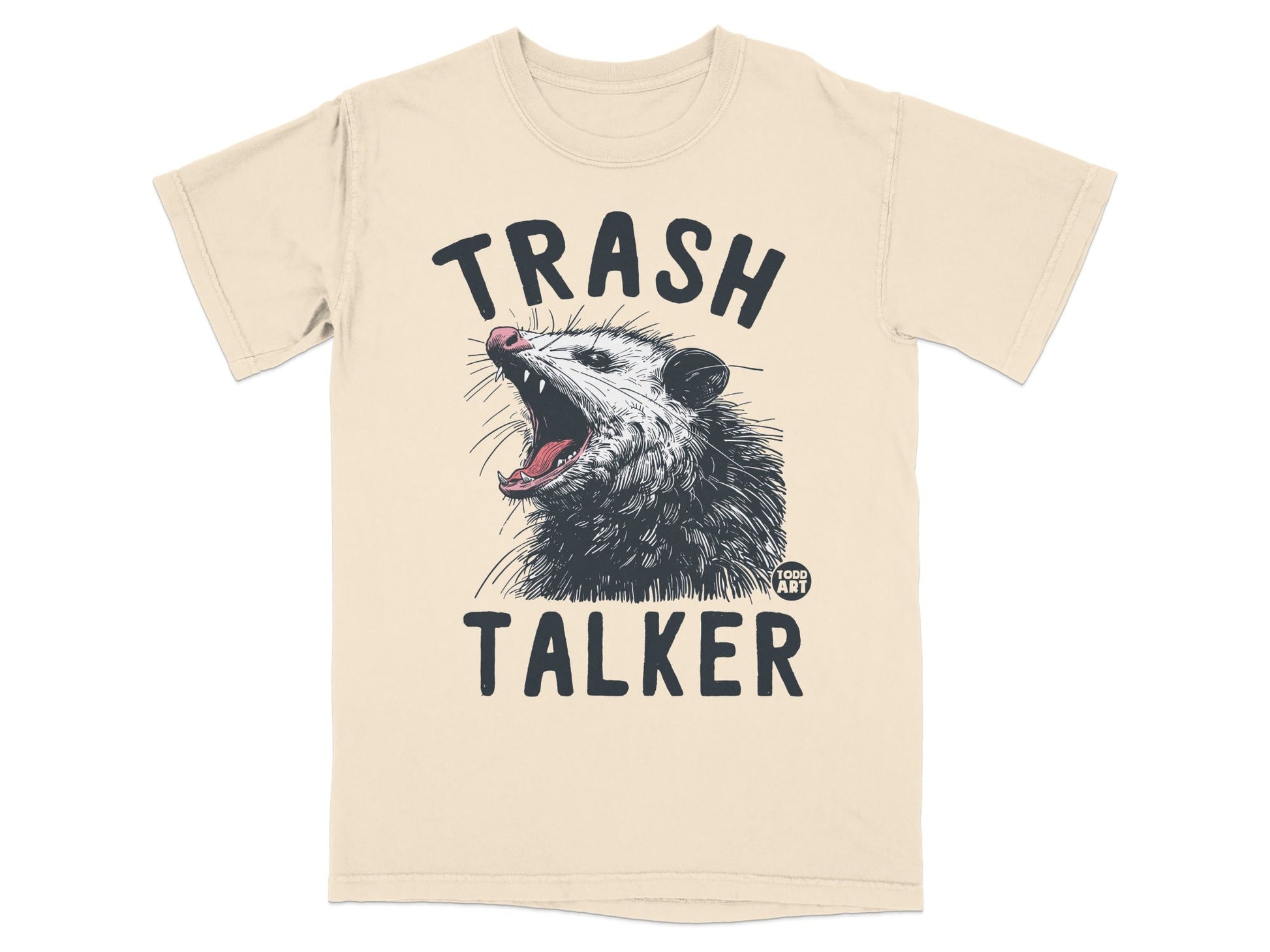 Tan t-shirt with "TRASH TALKER" and a possum yawning.