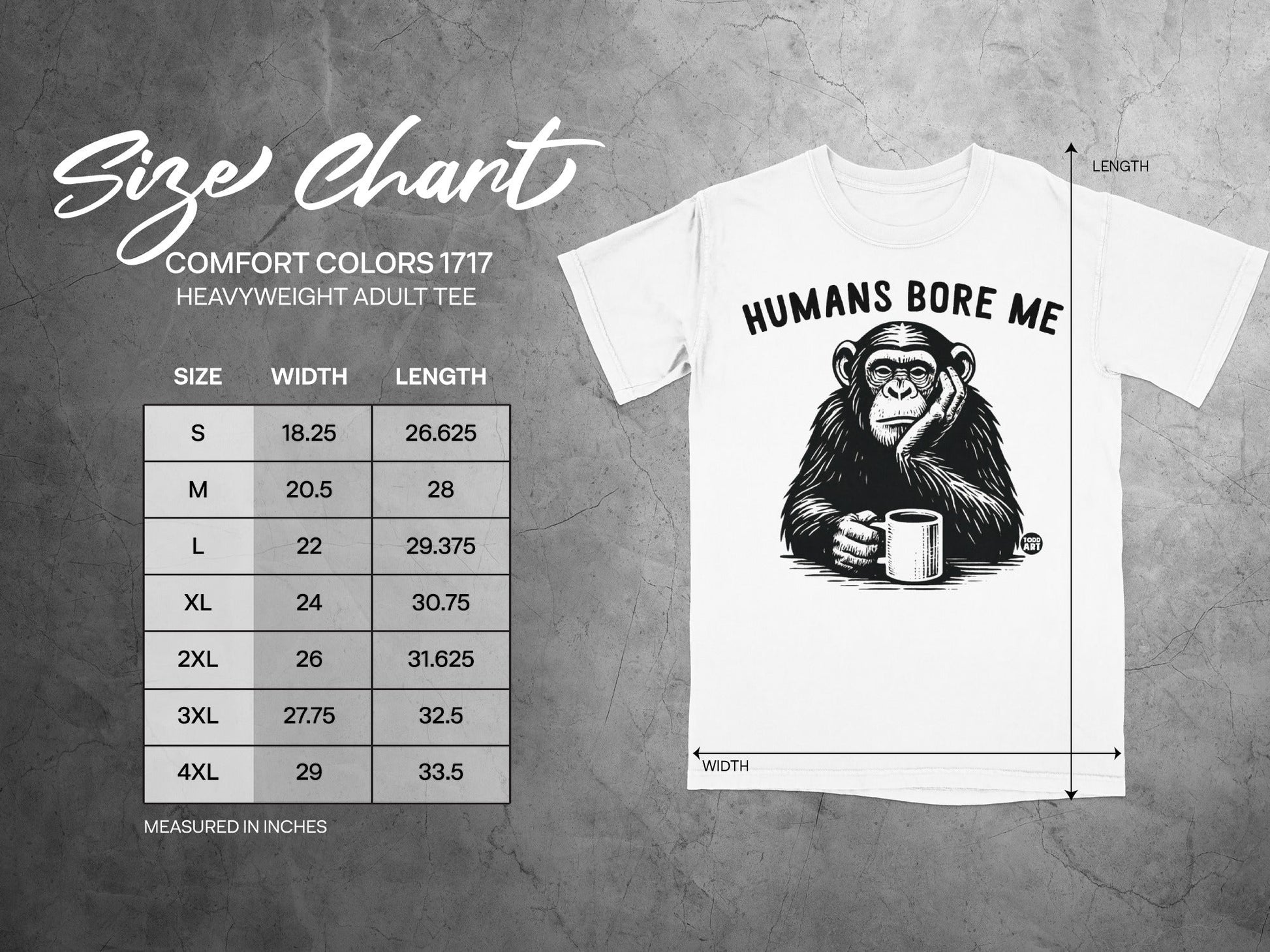 Size chart for heavyweight adult tee with graphic of chimpanzee drinking coffee.