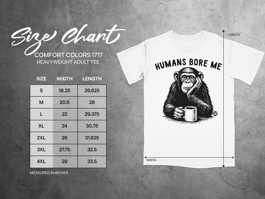 Size chart for heavyweight adult tee with graphic of chimpanzee drinking coffee.