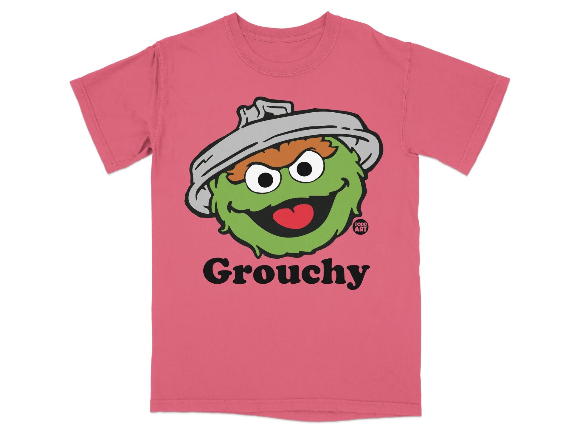 Pink t-shirt with Oscar the Grouch's face and the word "Grouchy."