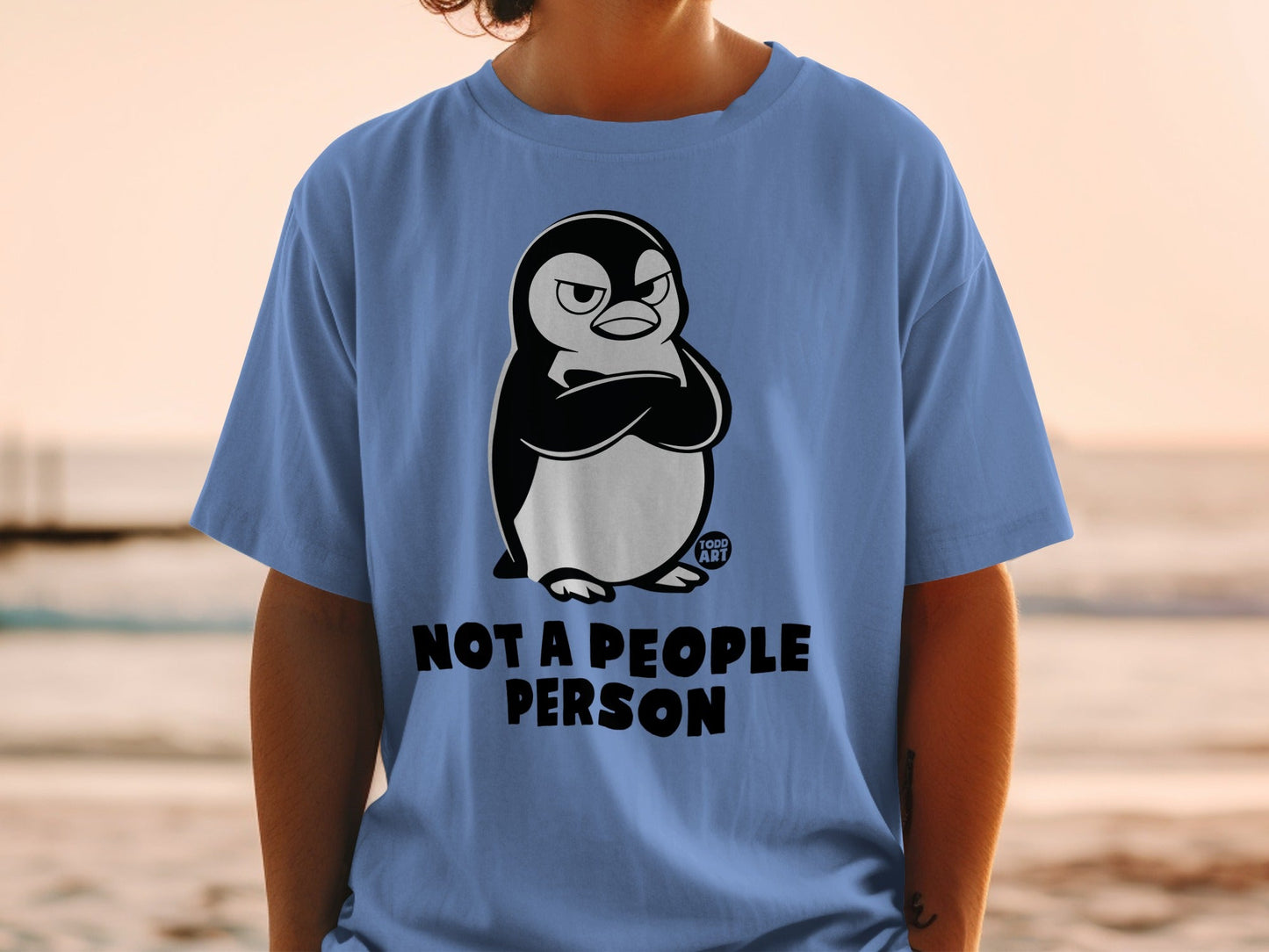 Blue t-shirt with a cartoon penguin and "Not a people person" text.