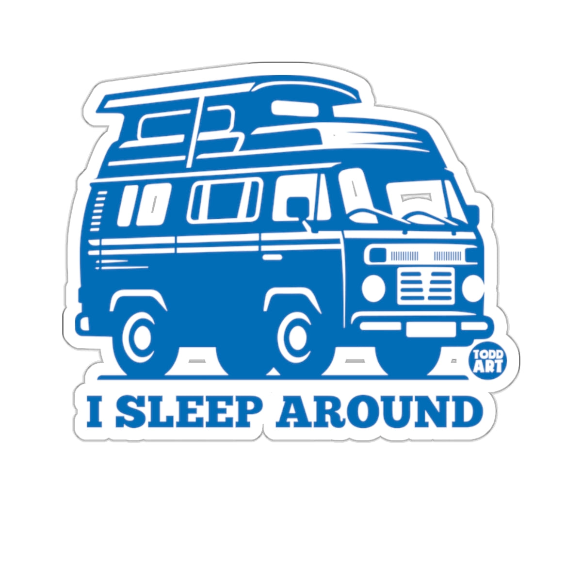Blue camper van with pop-top and "I SLEEP AROUND" text.