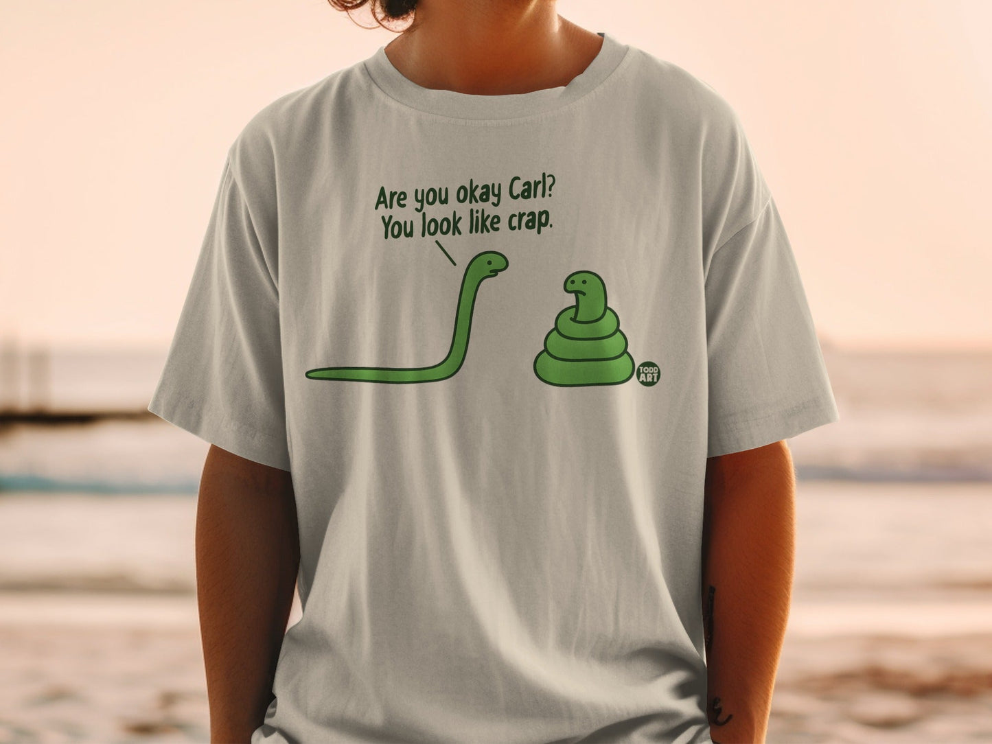 Green snake asks coiled snake, "Are you okay Carl? You look like crap."