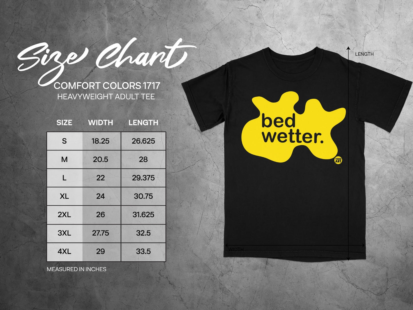 Comfort Colors 1717 heavyweight t-shirt size chart with dimensions.