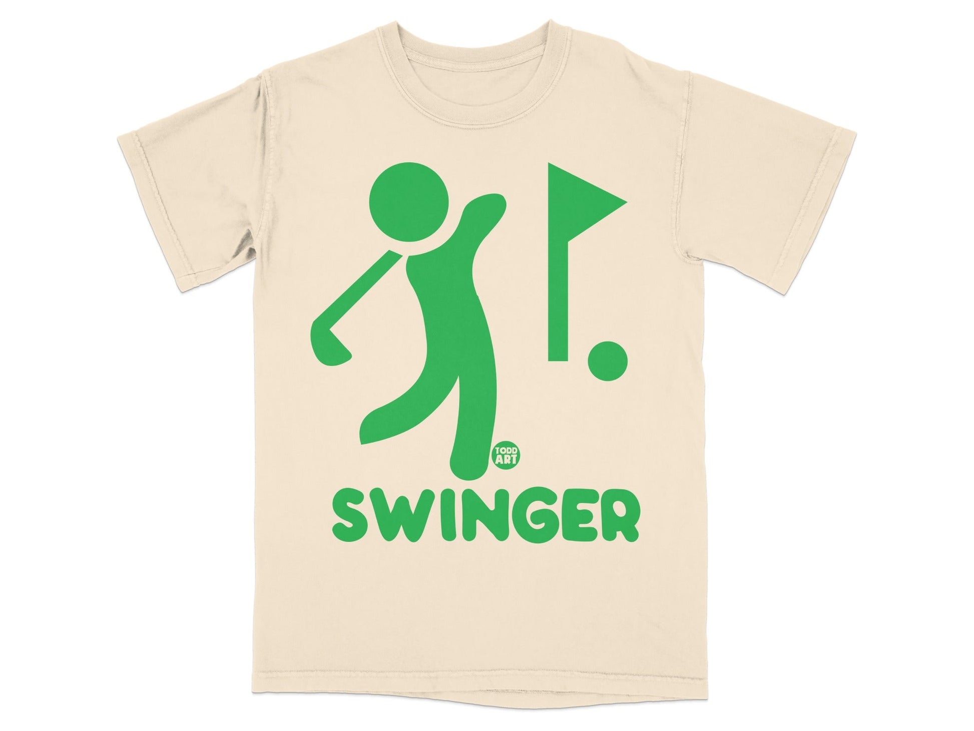 Green golfer with flag and ball, "SWINGER" text.