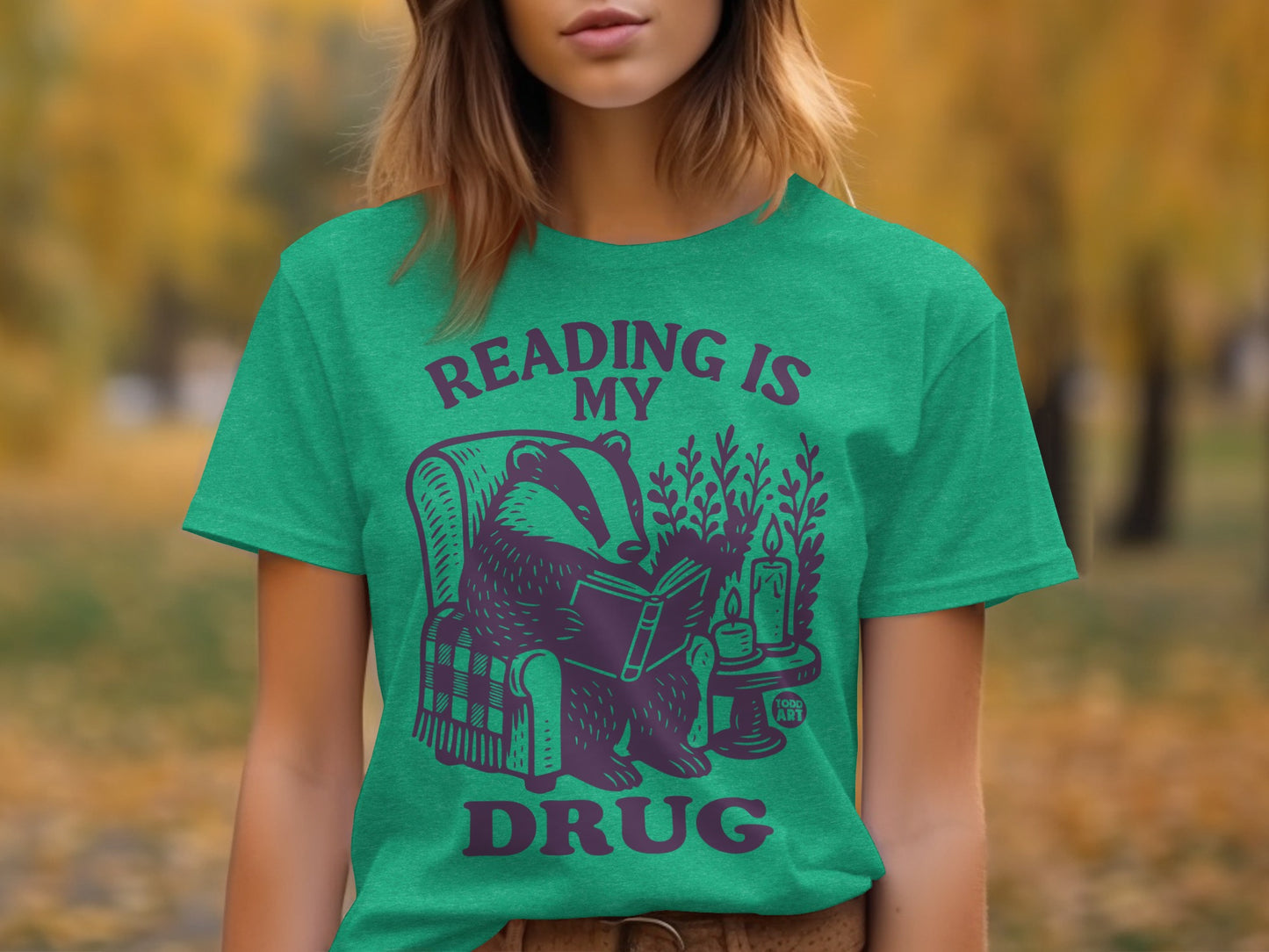 Reading Is My Drug Badger Print Green Graphic T-Shirt