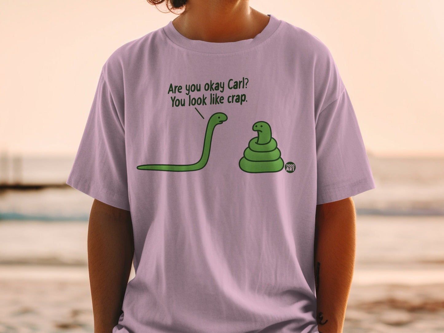 T-shirt with two cartoon snakes, one asking "Are you okay Carl?".