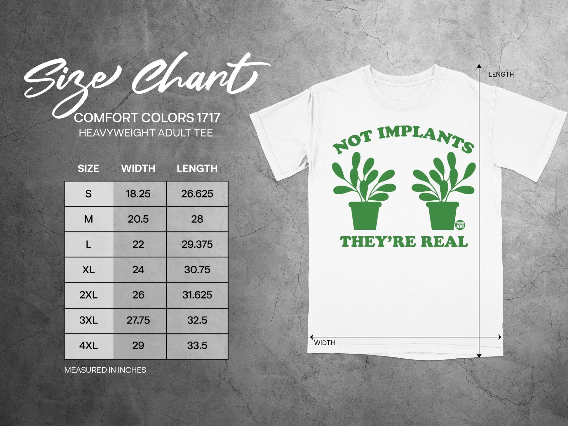 Comfort Colors 1717 size chart for heavyweight adult tee with graphic.