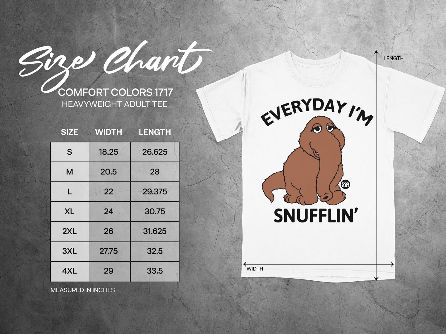 Size chart for Comfort Colors 1717 heavyweight adult tee with Muppet character and text.