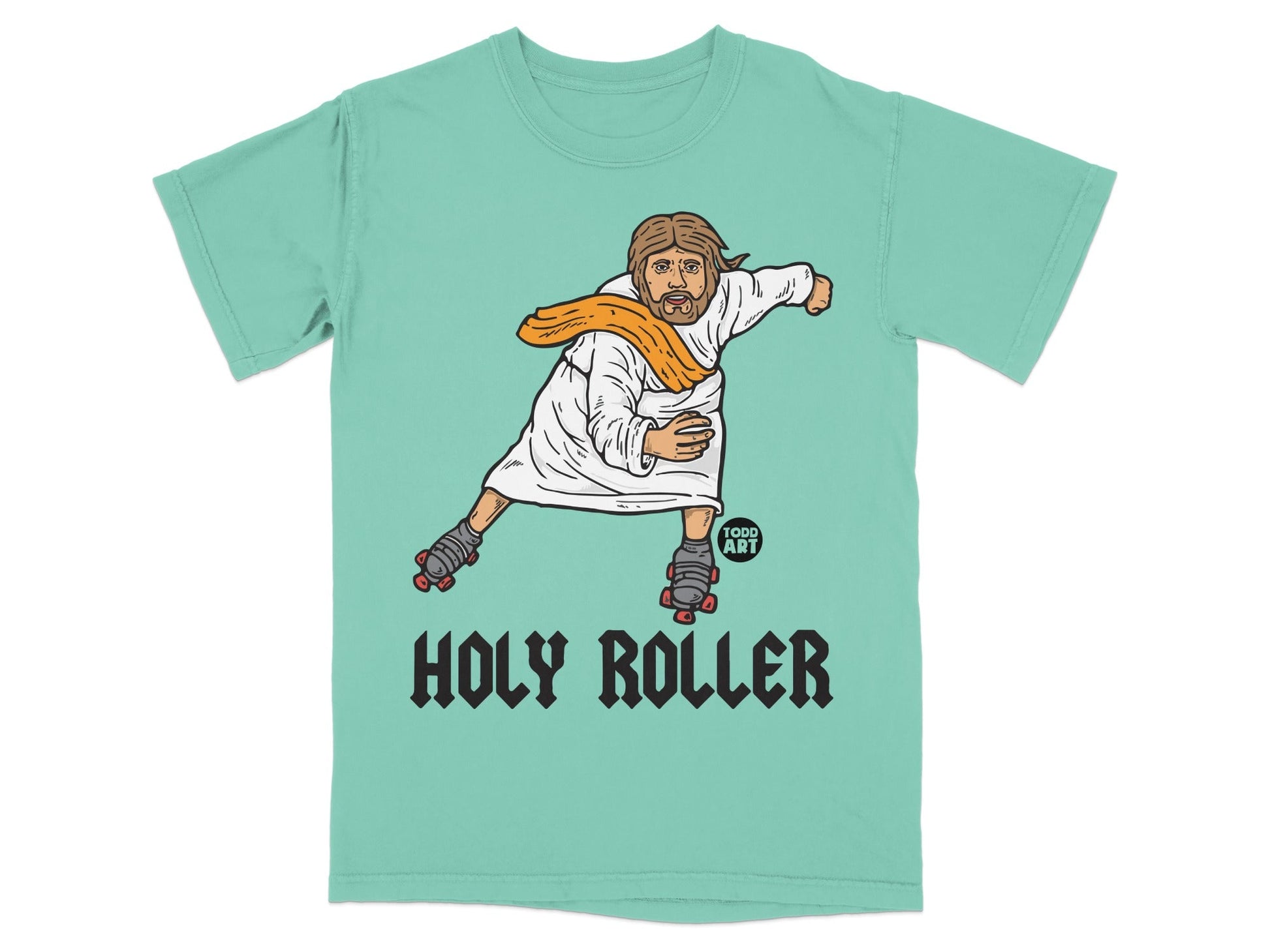 T-shirt featuring Jesus on roller skates with "Holy Roller" text.