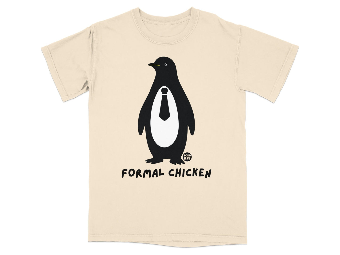Black penguin wearing a white tie on a cream t-shirt, "FORMAL CHICKEN" text.