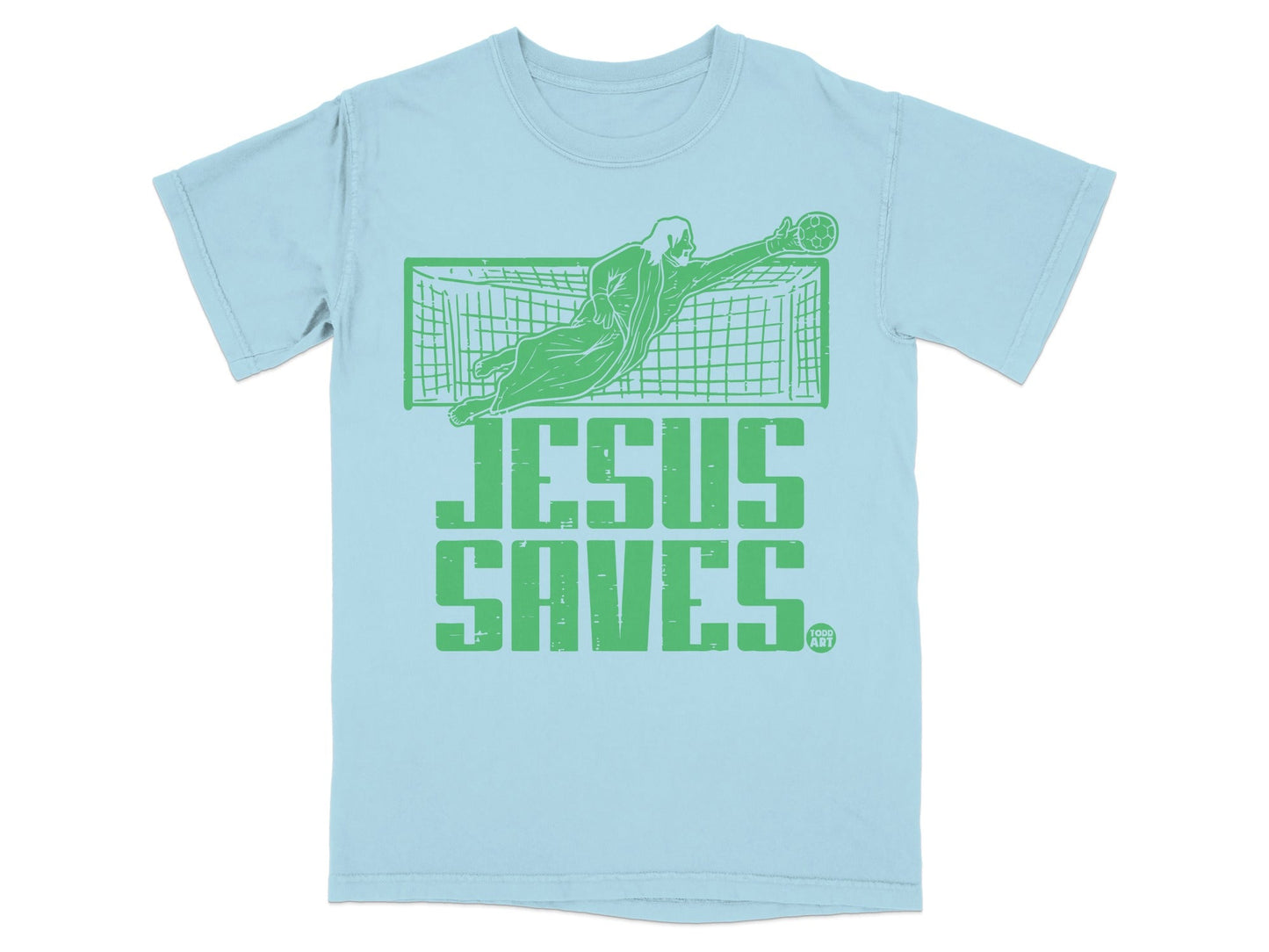 Pale blue t-shirt with green graphic of a goalie saving a soccer ball.