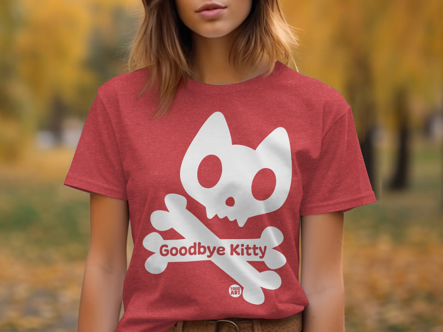 Playful Red Goodbye Kitty Skull Design T-Shirt