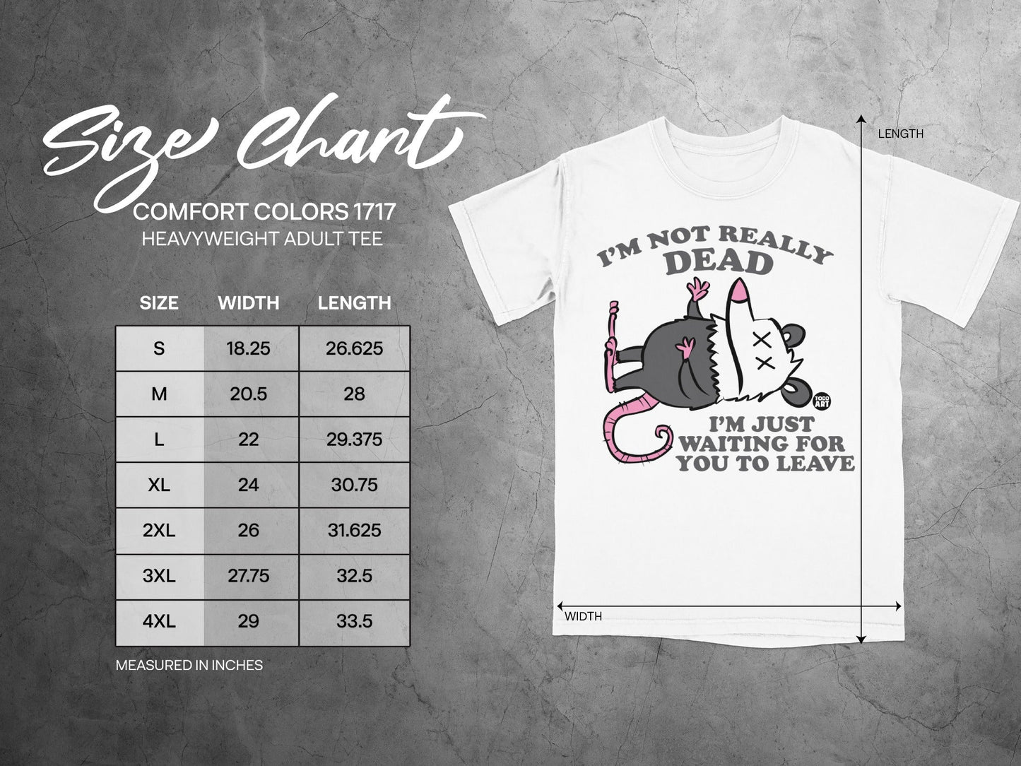 Size chart for Comfort Colors 1717 heavyweight adult tee.