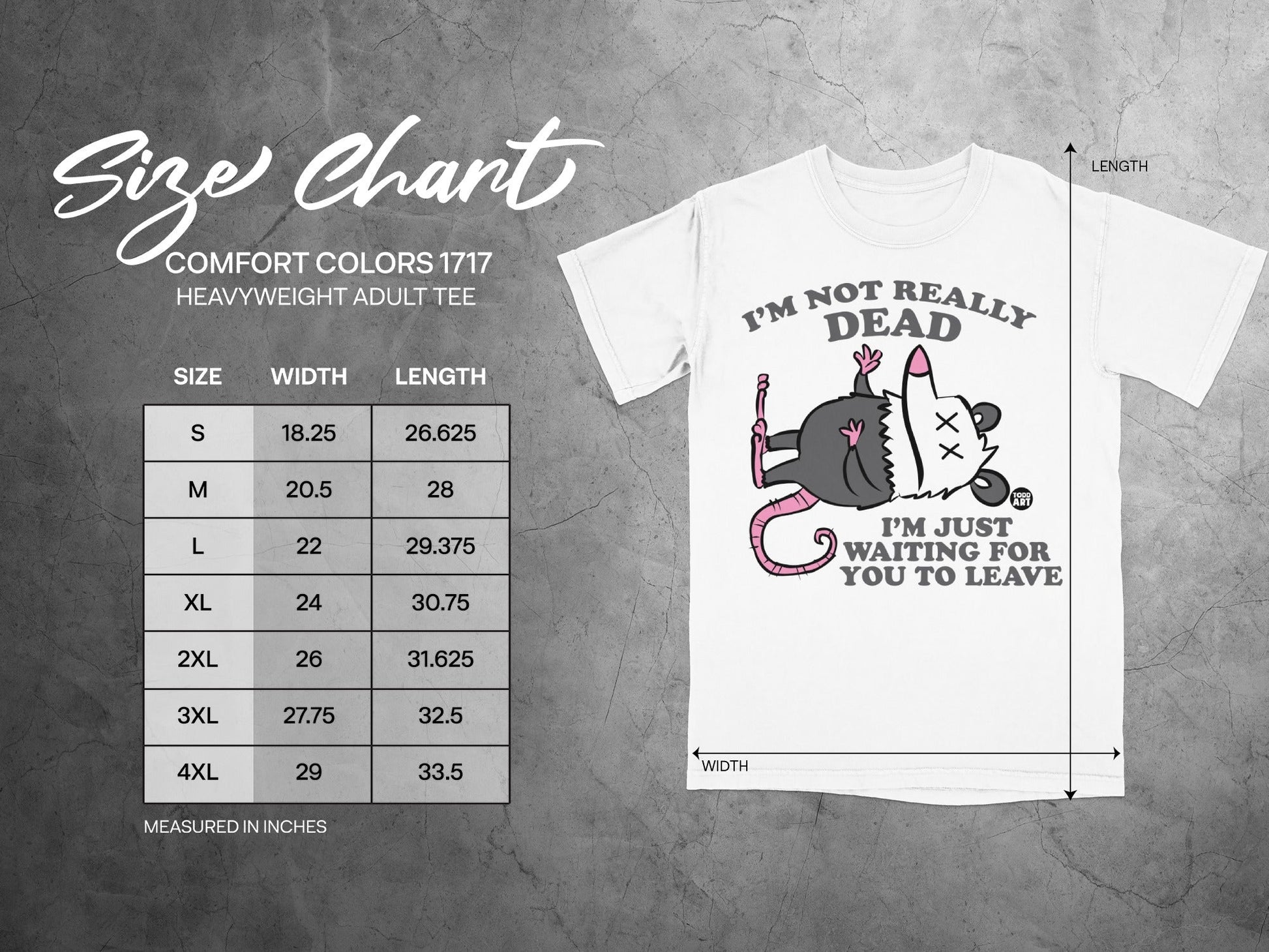 Size chart for Comfort Colors 1717 heavyweight adult tee.