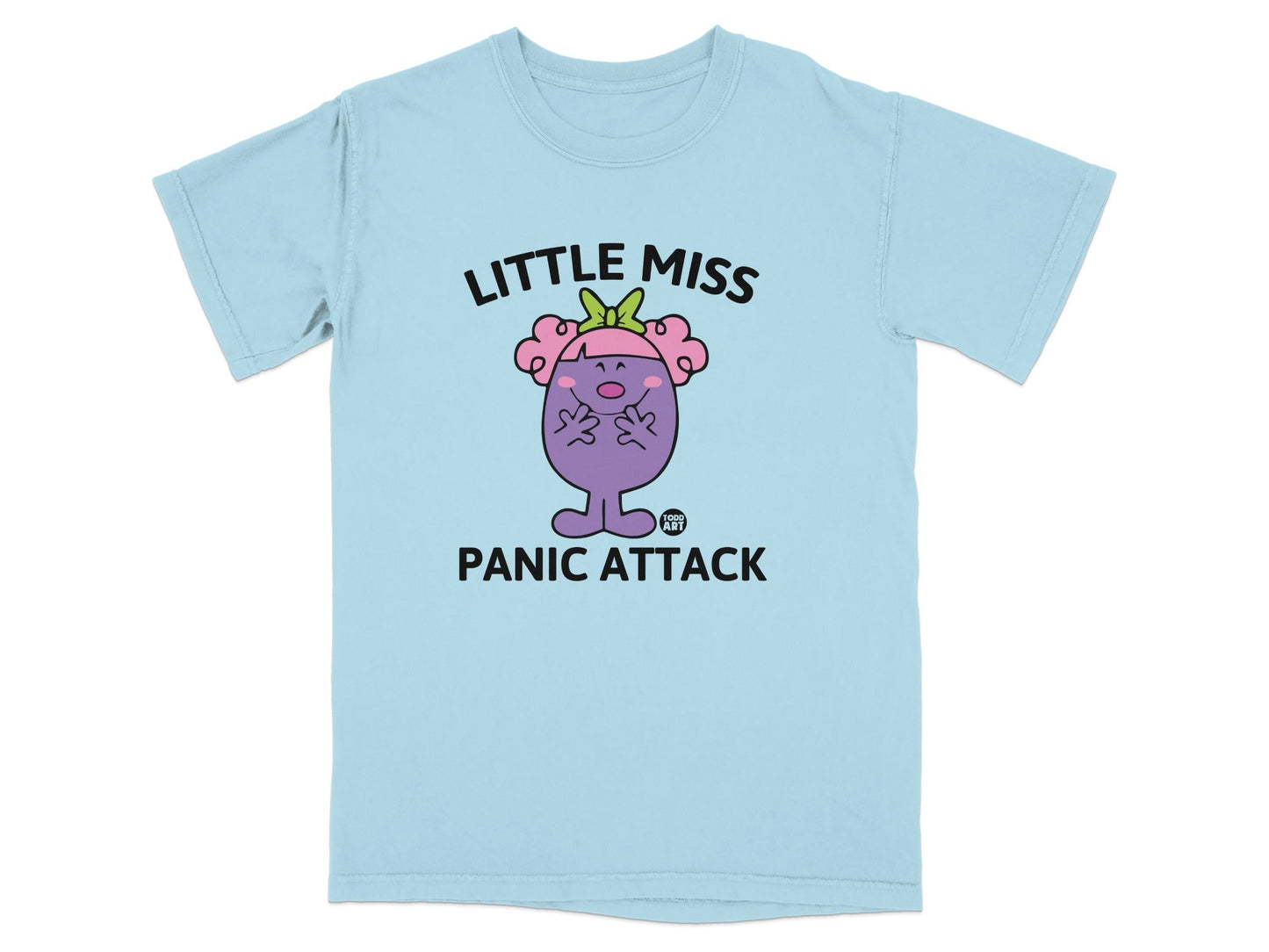 Light blue t-shirt with "Little Miss Panic Attack" text and a cartoon character.